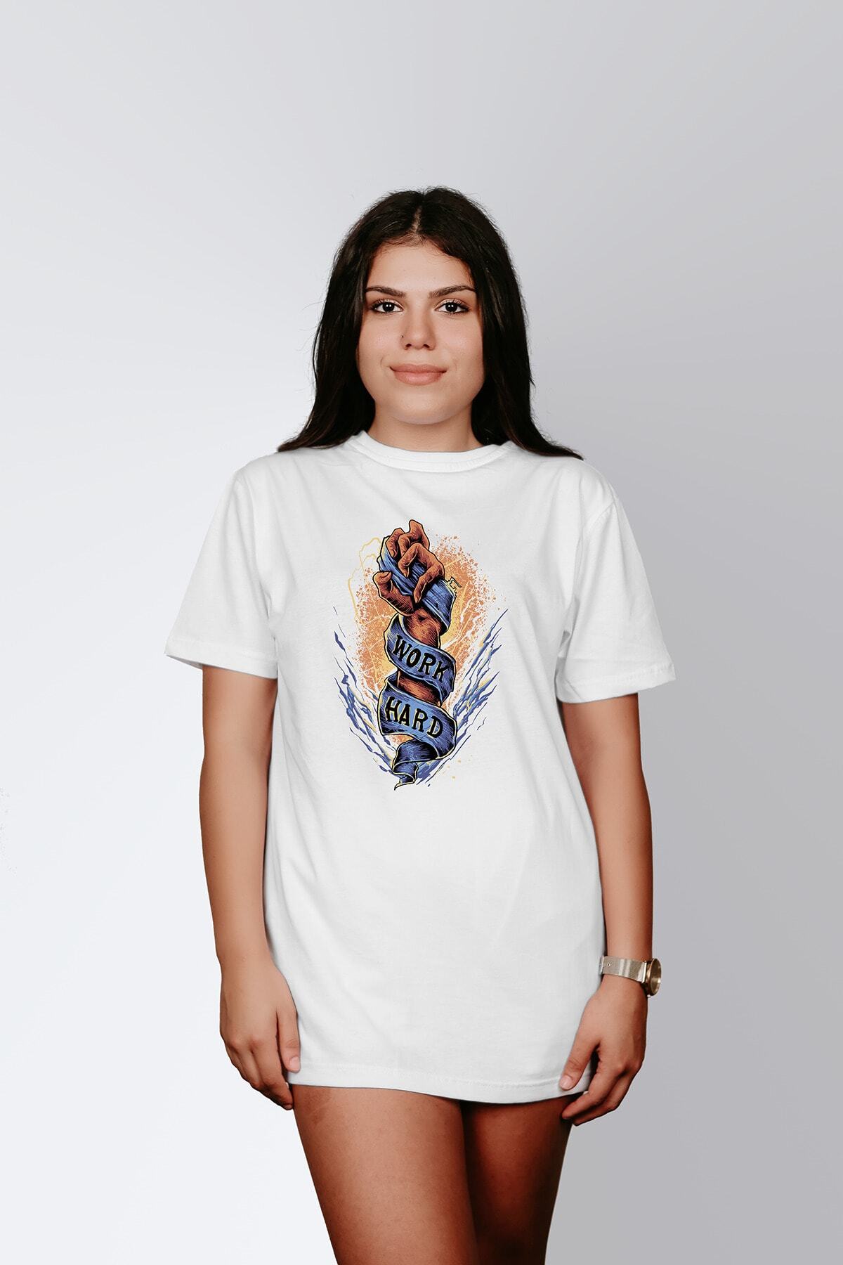 ErTaPassage Kadın Beyaz Çok Çalış Baskılı Oversize T-shirt T7904073