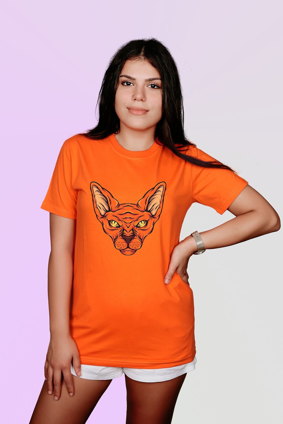 ErTaPassage Kadın Turuncu Sphinx Cat Baskılı Oversize T-shirt T6741739