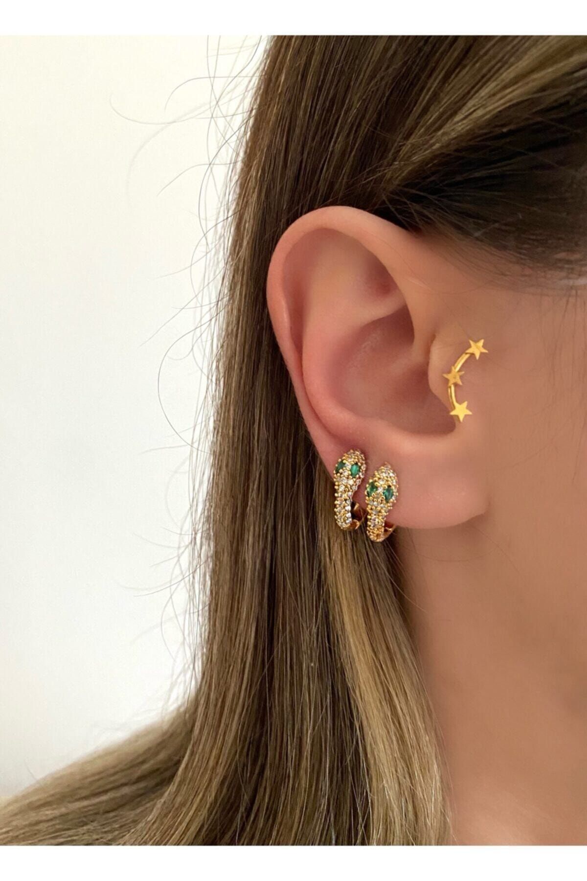 Okkostore Kadın Gold Rengi Mini Yeşil Gözlü Yılan Küpe Çifti