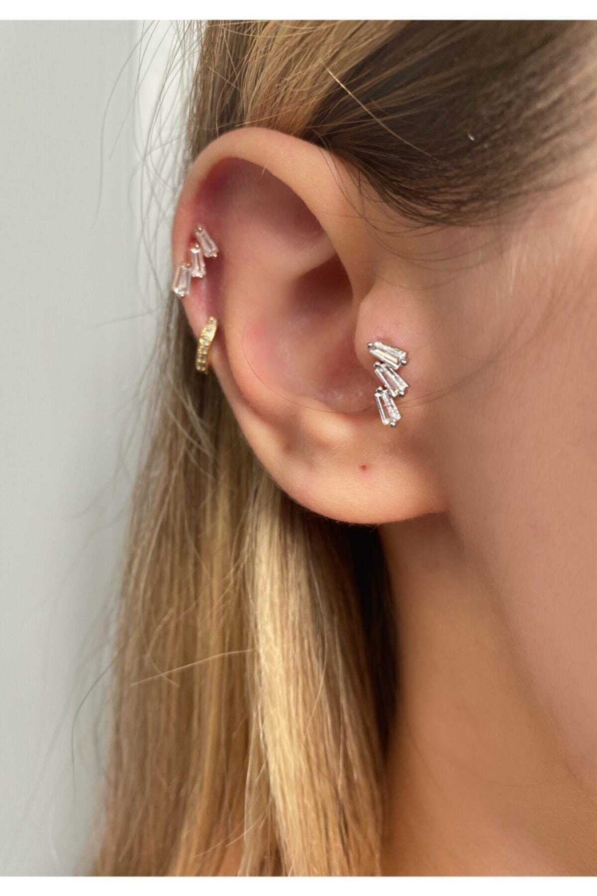 Okkostore Kadın Silver Renkli Üç Taş Tragus Kıkırdak Piercing