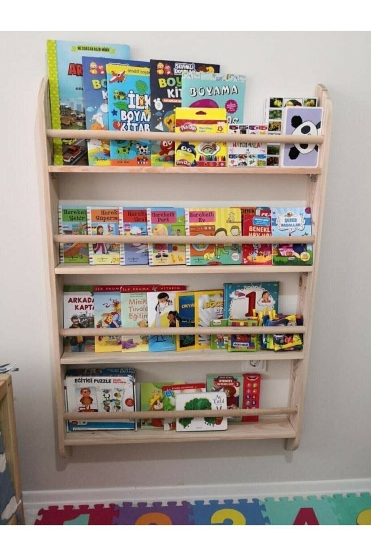 Doğal Life Montessori Kitaplık Geniş Model Yuvarlak Çıtalı Özel Yapım Doğal Kitaplık 100*65*9 Ahşap Kitaplık