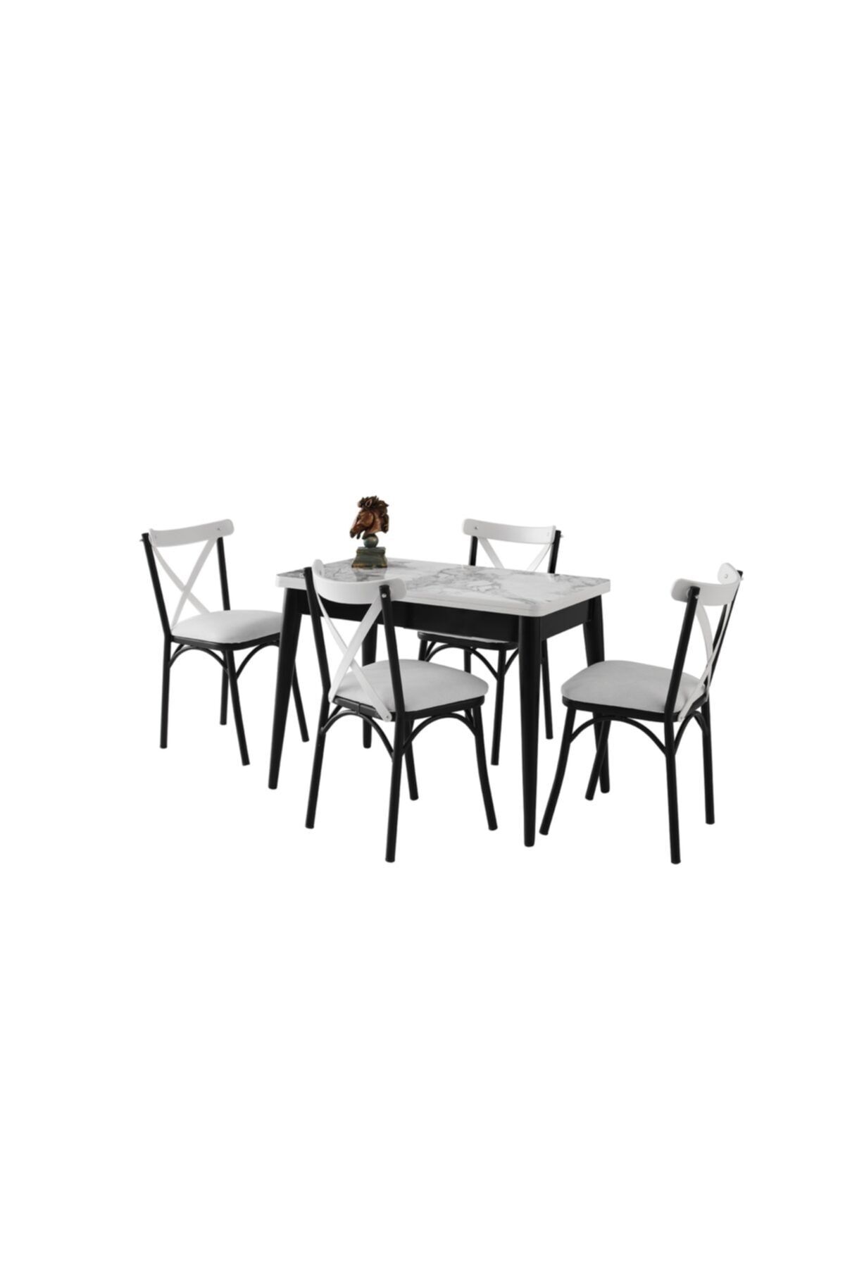 Evistro Ortadan Açılır Ahşap Salon Yemek Masası Gizli Kaşıklık Bölmeli + 4 Ekru Sandalye Takım