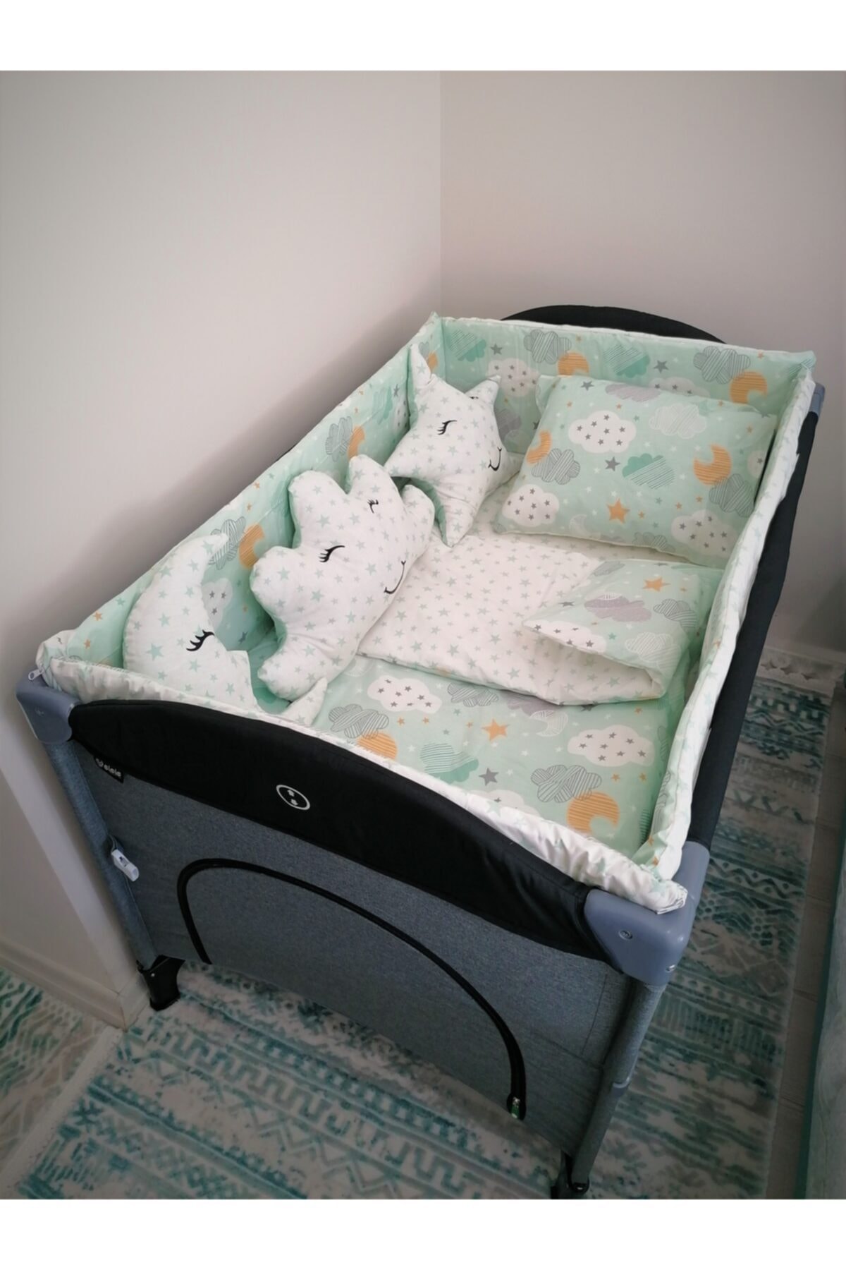 Bebek Özel %100 Pamuklu 70x110 Park Beşik Uyku Seti Kenar Korumalı Yeşil Ay Yıldızlı (10 Parça)