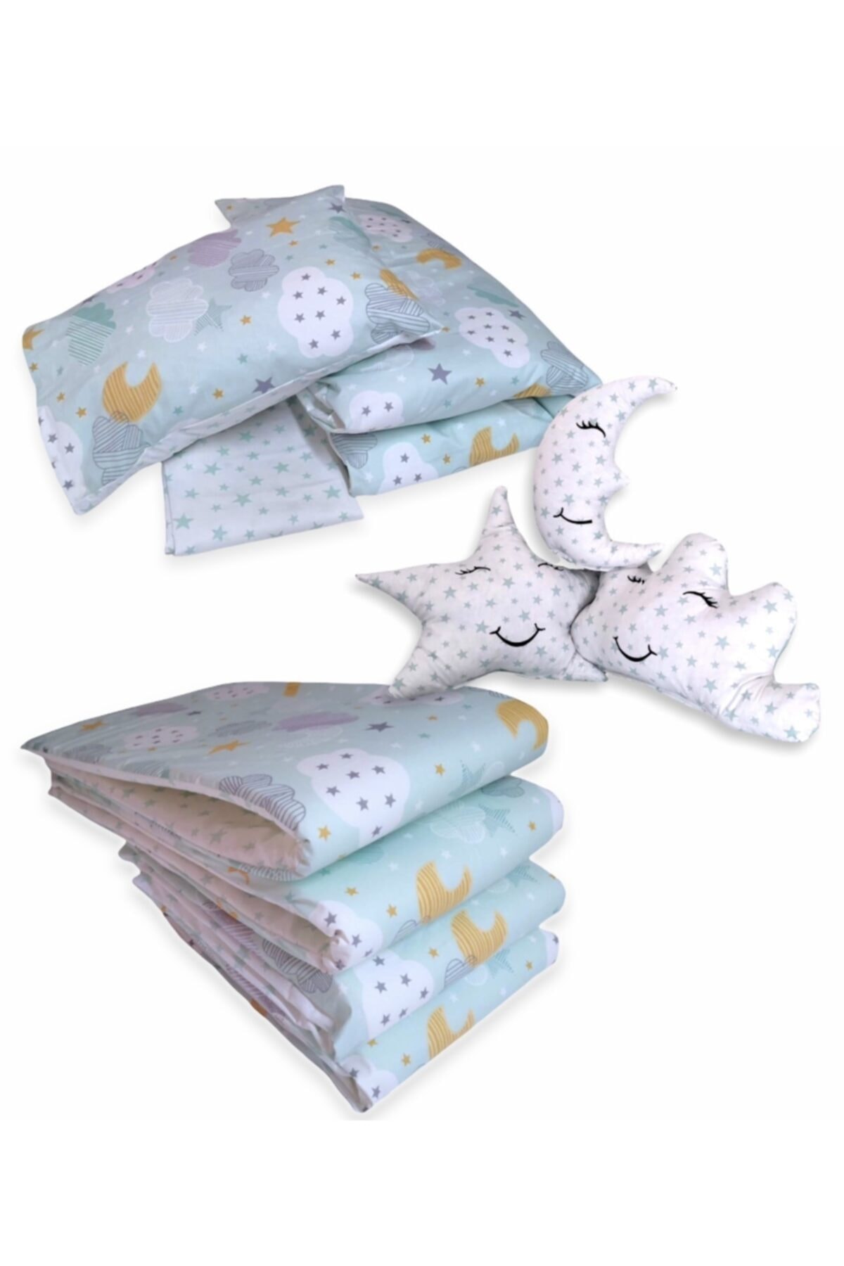 Bebek Özel %100 Pamuklu 70x170 Mobilya Beşik Uyku Seti Kenar Korumalı Yeşil Ay Yıldızlı (10 Parça)