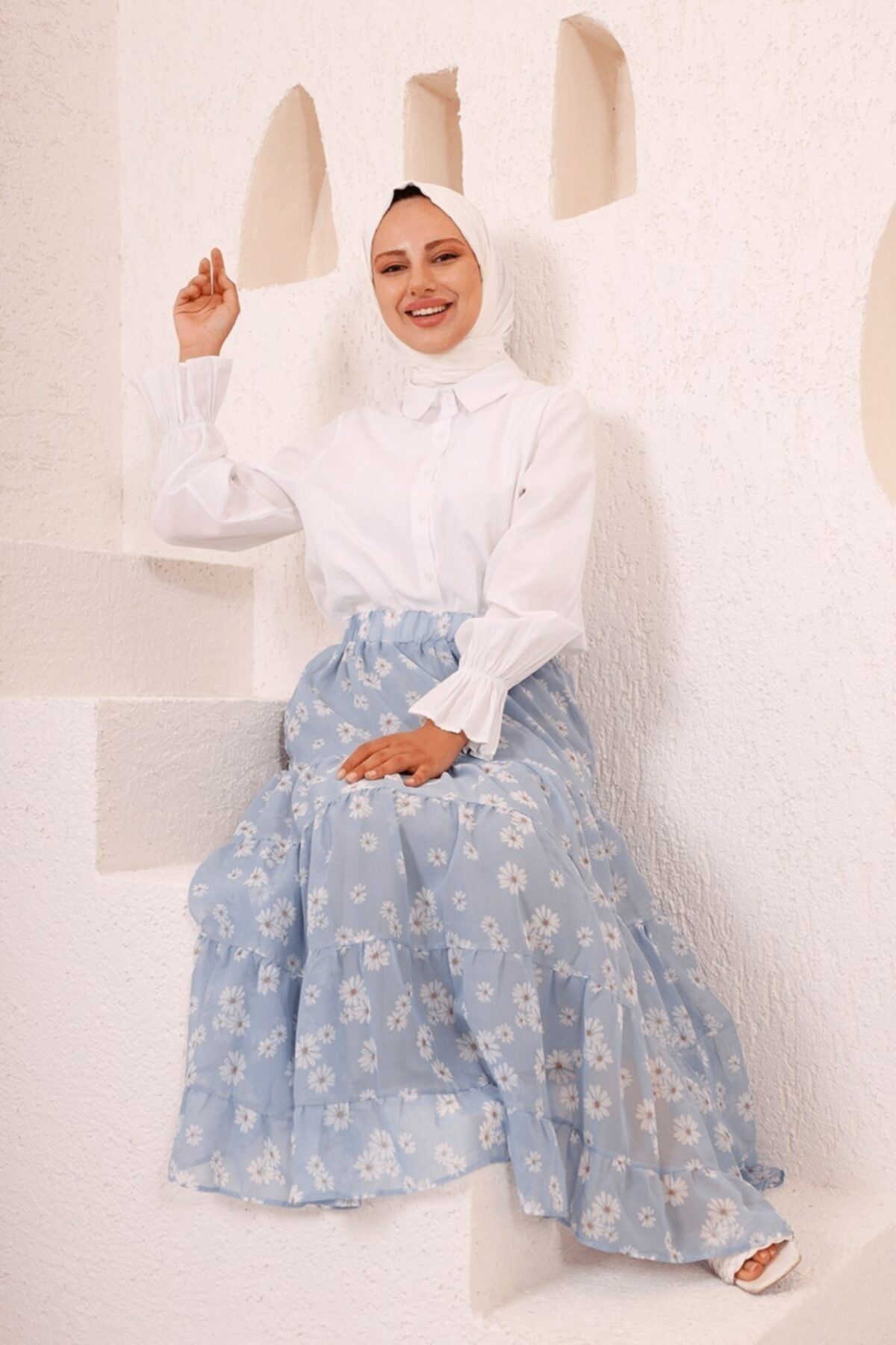 Bestenur Papatya Desen Şifon Etek Bebe Mavisi