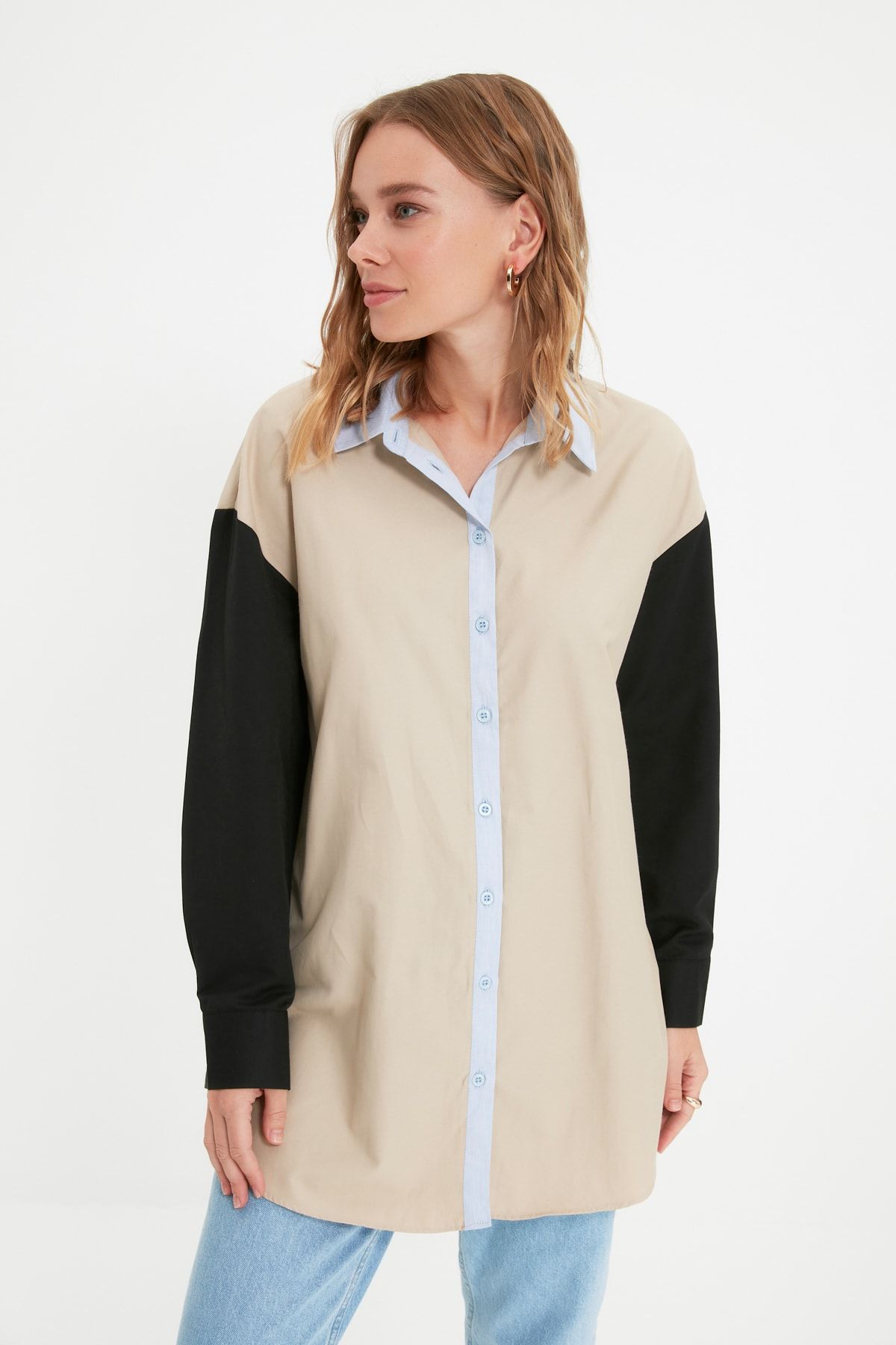 Trendyol Modest Taş Gömlek Yaka Renk Bloklu Tunik TCTAW22UK0204