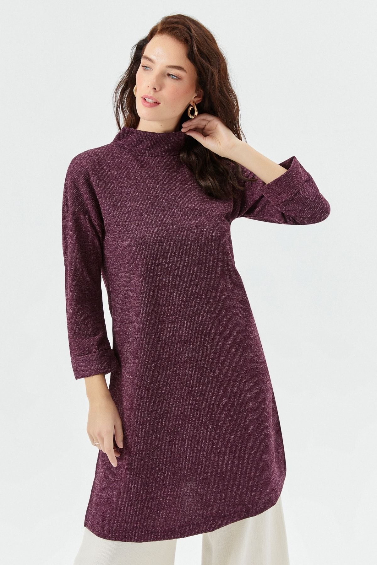 Muni Muni Boğazlı Triko Tunik-mürdüm-50446