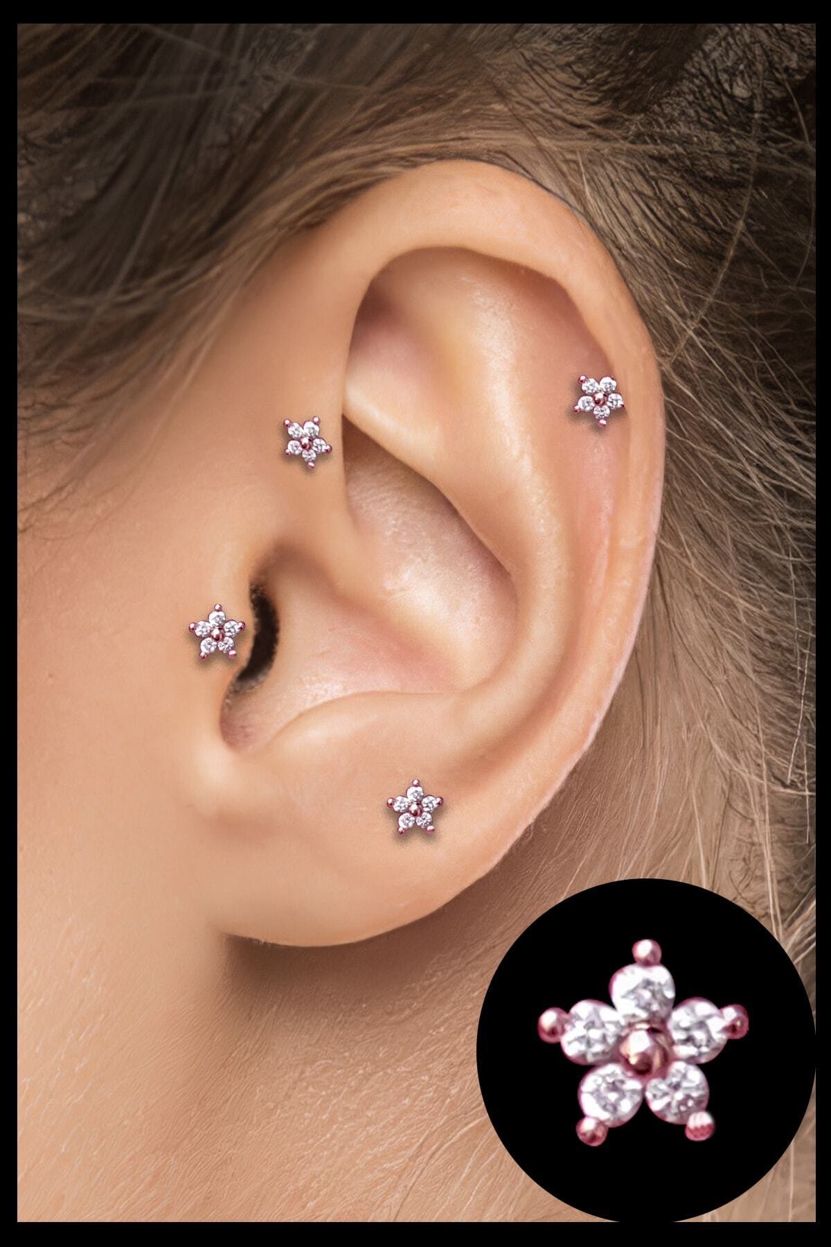 Salyangoz Company Cerrahi Çelik Kıkırdak Helix Tragus Piercing Rose Mini Boy Çiçek Figür (1 Adet) Rscımı01