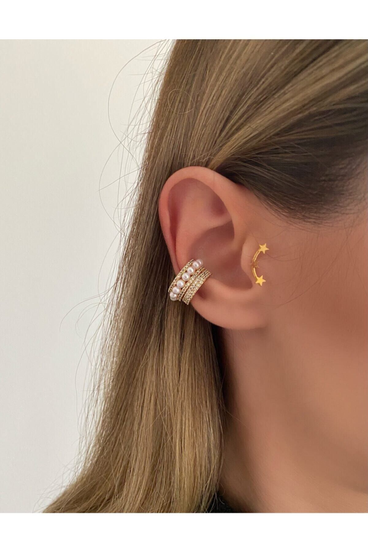 Okkostore Kadın Gold Rengi Kalın Taşlı Incili Kıkırdak Küpesi Earcuff
