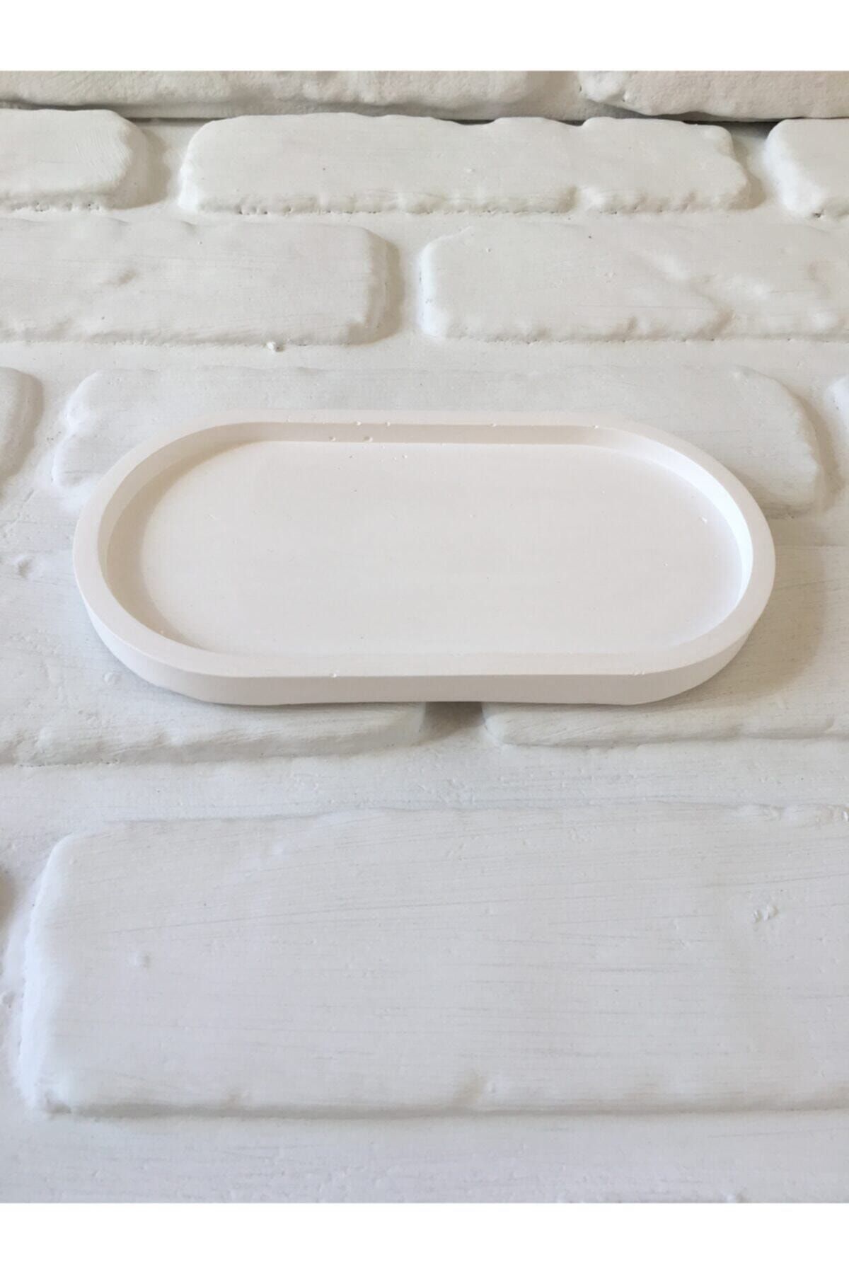 Koala Store Dekoratif Küçük Oval Bohem Beton Tepsi Beyaz 18*9*2 Cm