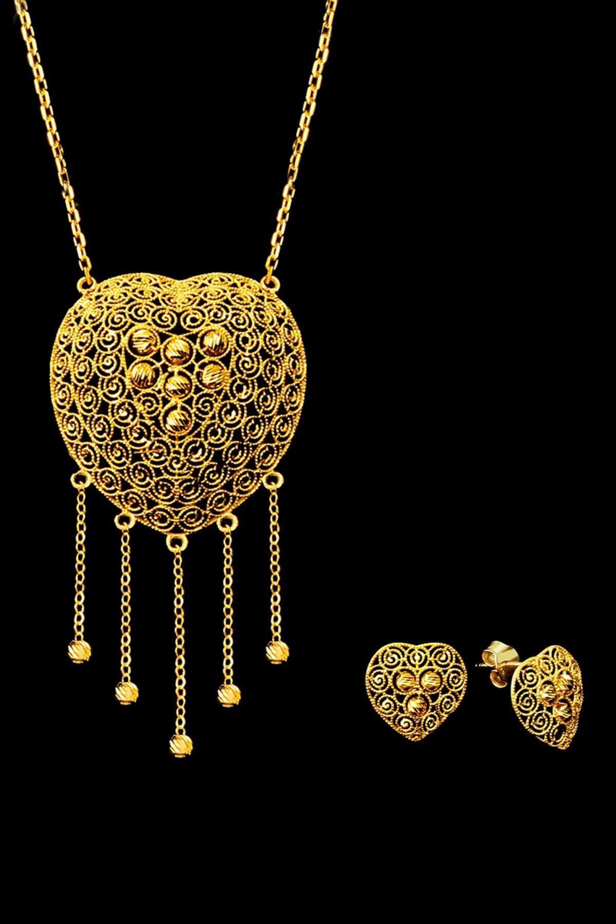 Bilezikci Püsküllü 22 Ayar Kalpli Altın Takı Seti