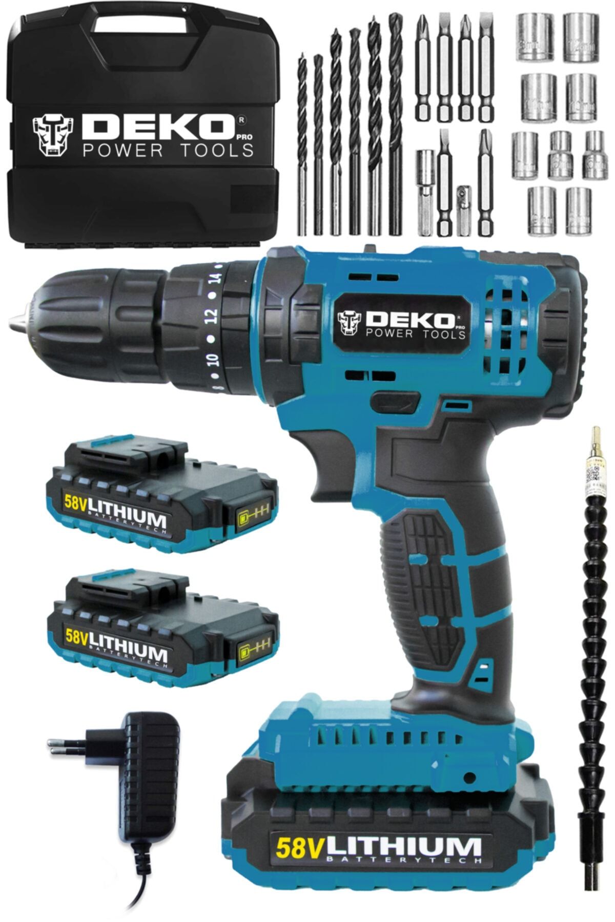 DEKOPRO POWER TOOLS Alman 58 V 5 Ah Darbeli Bakır Sargılı Çift Akü Şarjlı Vidalama Matkap 24 Parça