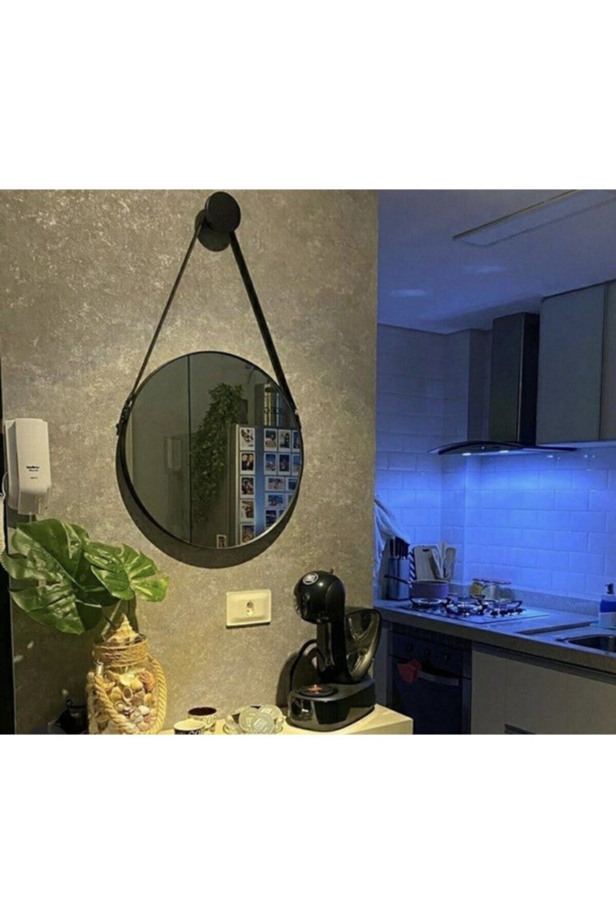 KOÇSAN Dekoratif Ayna Yuvarlak Askılı Ayna Ahşap Ayna Deri Kayışlı Ayna Kemerli Ayna 40x40