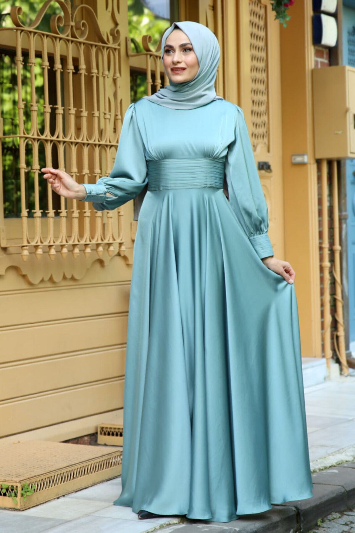 Feiza Collection Belden Drapeli Tesettür Abiye Elbise - Mint