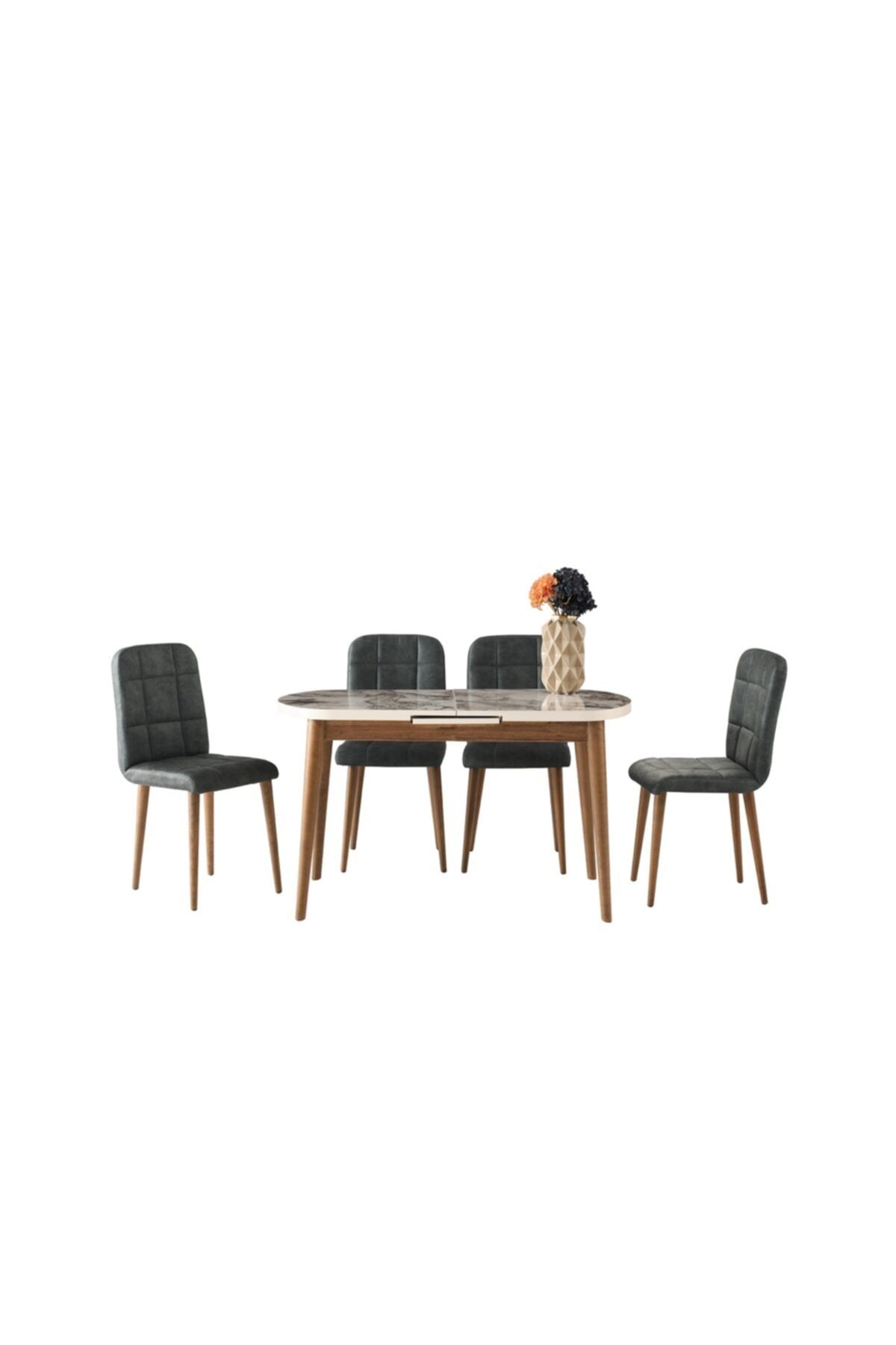 Evistro Ortadan Açılır Ahşap Salon Yemek Masası Oval Mermer Desen + 6 Yeşil Sandalye Takım