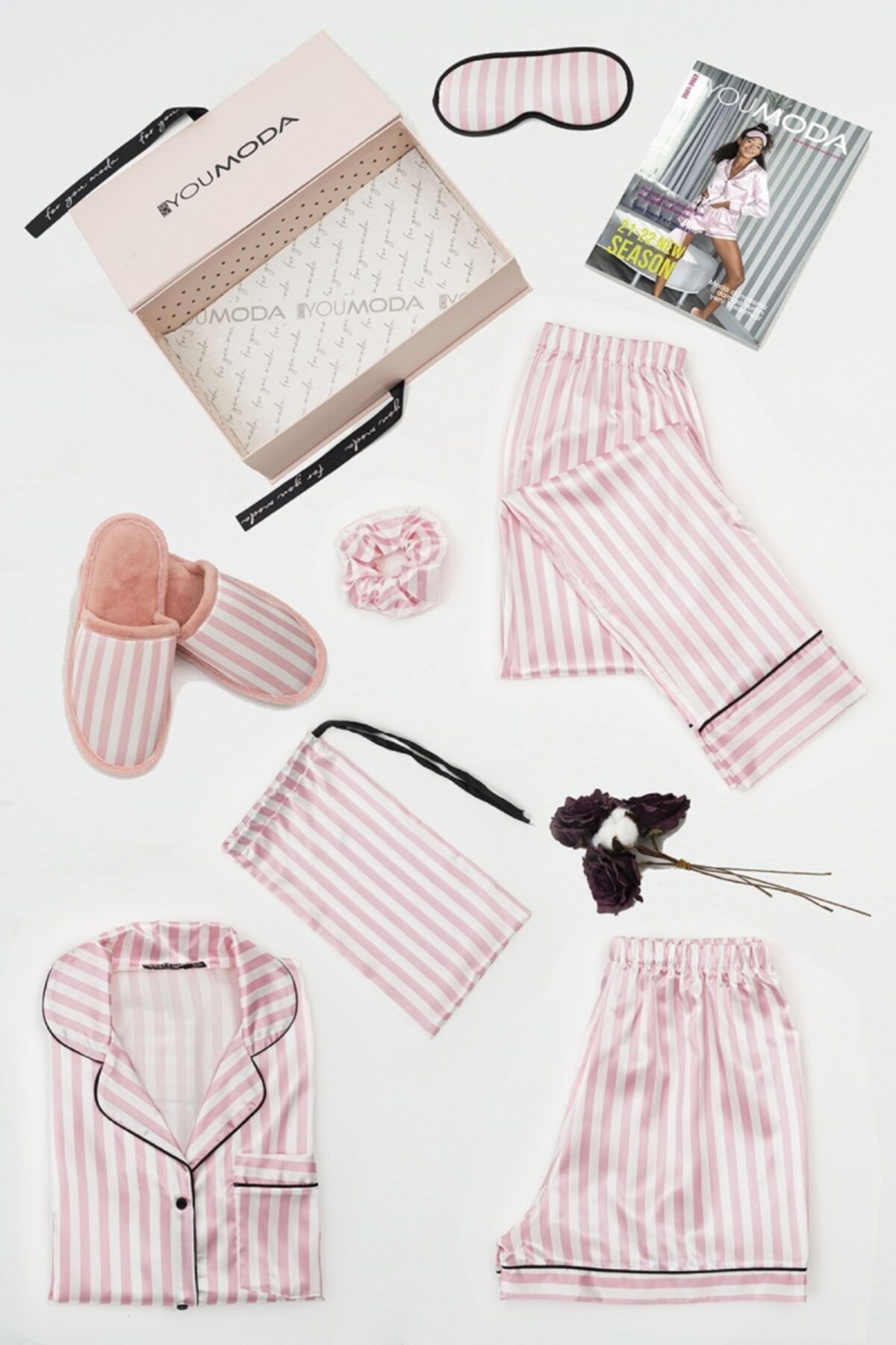 FOR YOU MODA Kadın Saten 7 Li Pembe Beyaz Çizgili Pijama Takımı