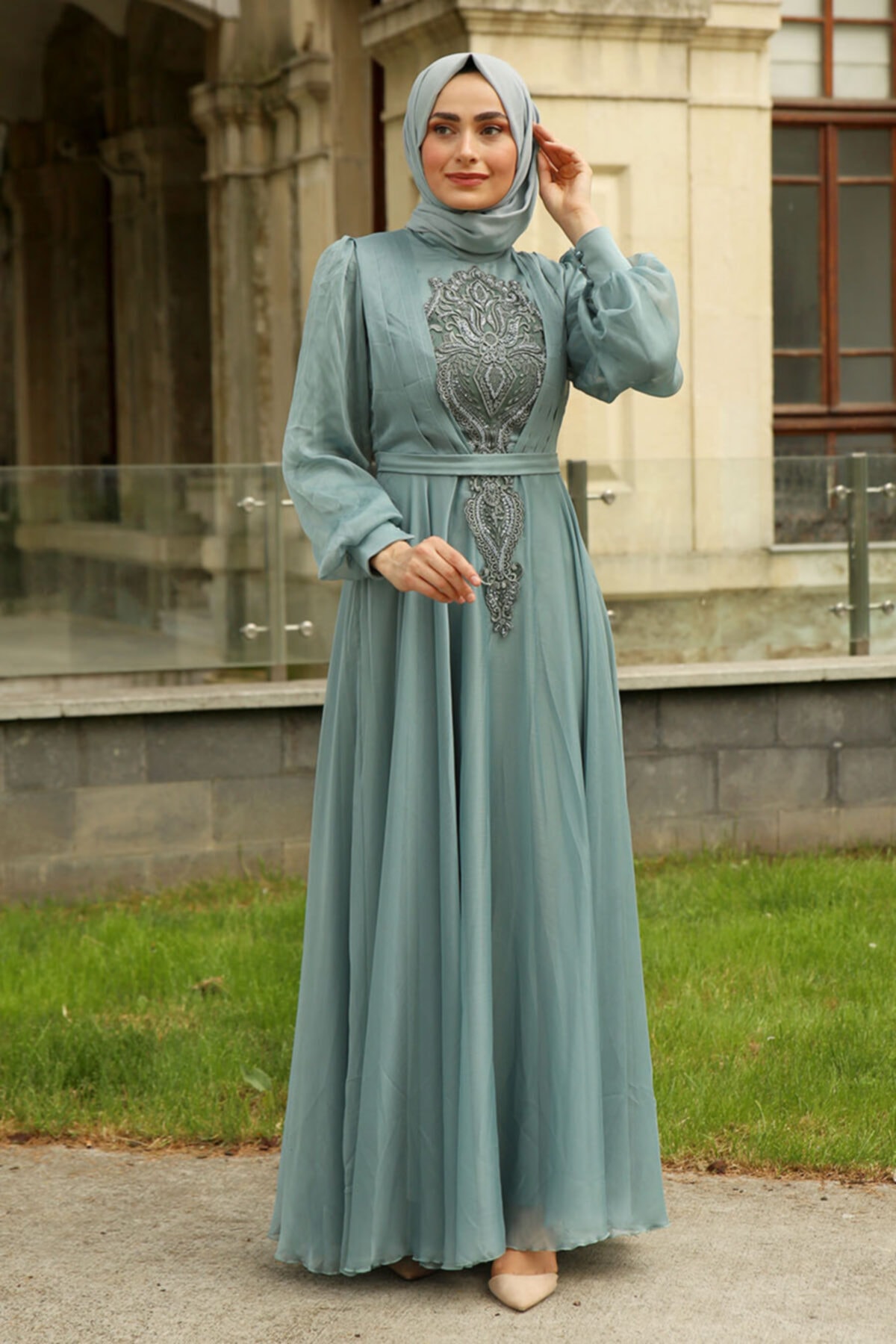 Feiza Collection Dantel Detaylı Tesettür Abiye Elbise - Mint