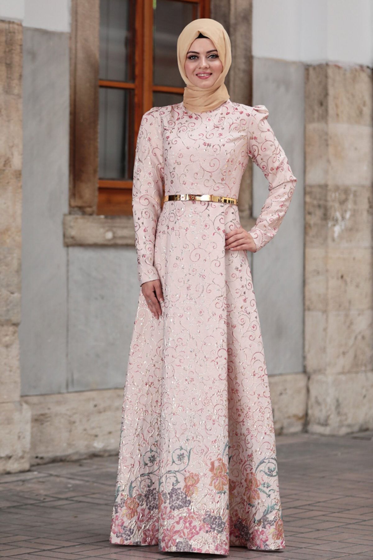 Feiza Collection Brokar Kumaş Tesettür Abiye Elbise - Ekru