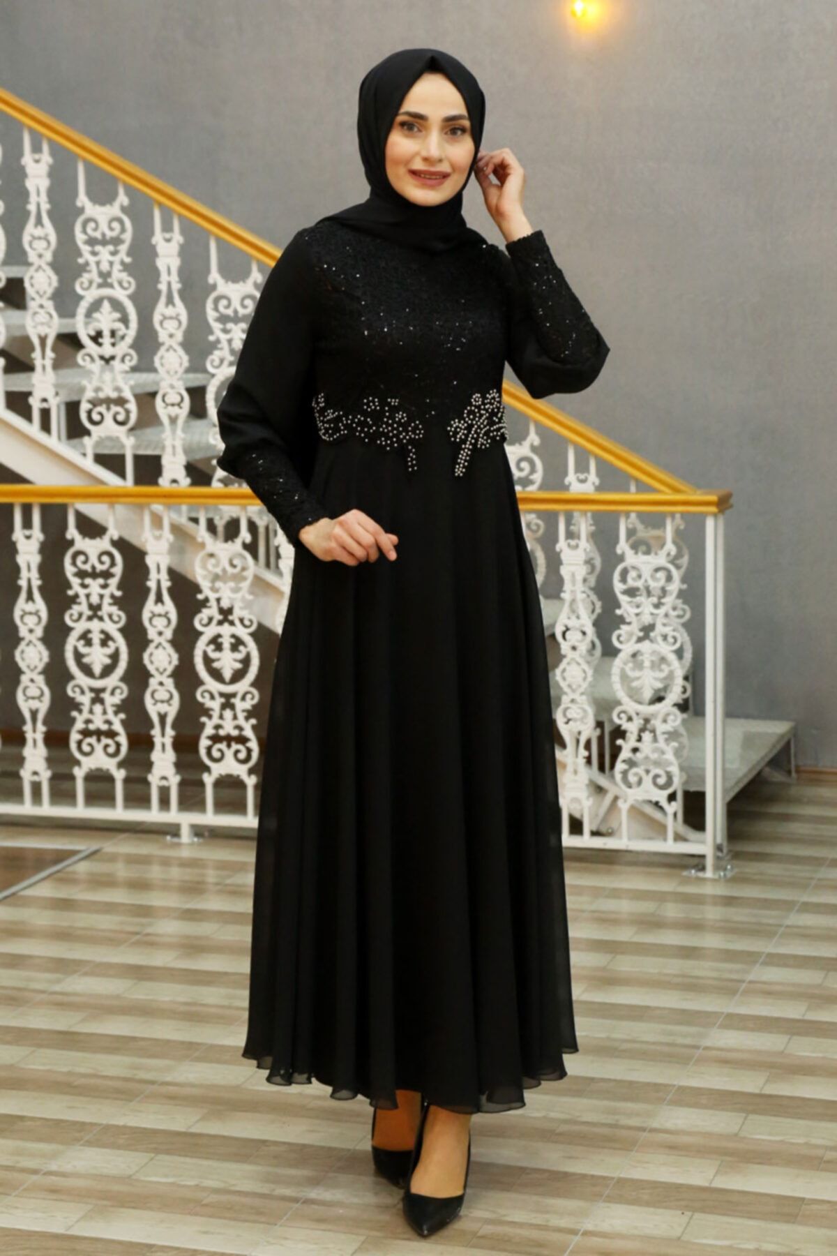 Feiza Collection Beli Taş Detaylı Tesettür Abiye Elbise - Siyah