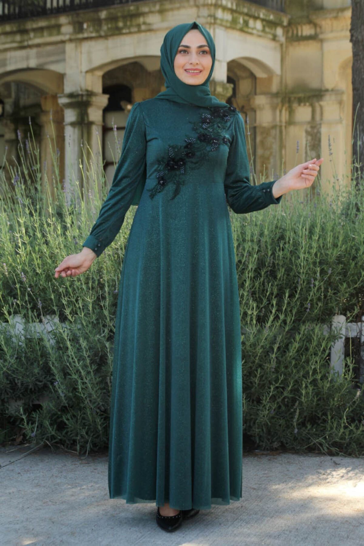 Feiza Collection Üç Boyut Çiçekli Tesettür Abiye Elbise - Yeşil