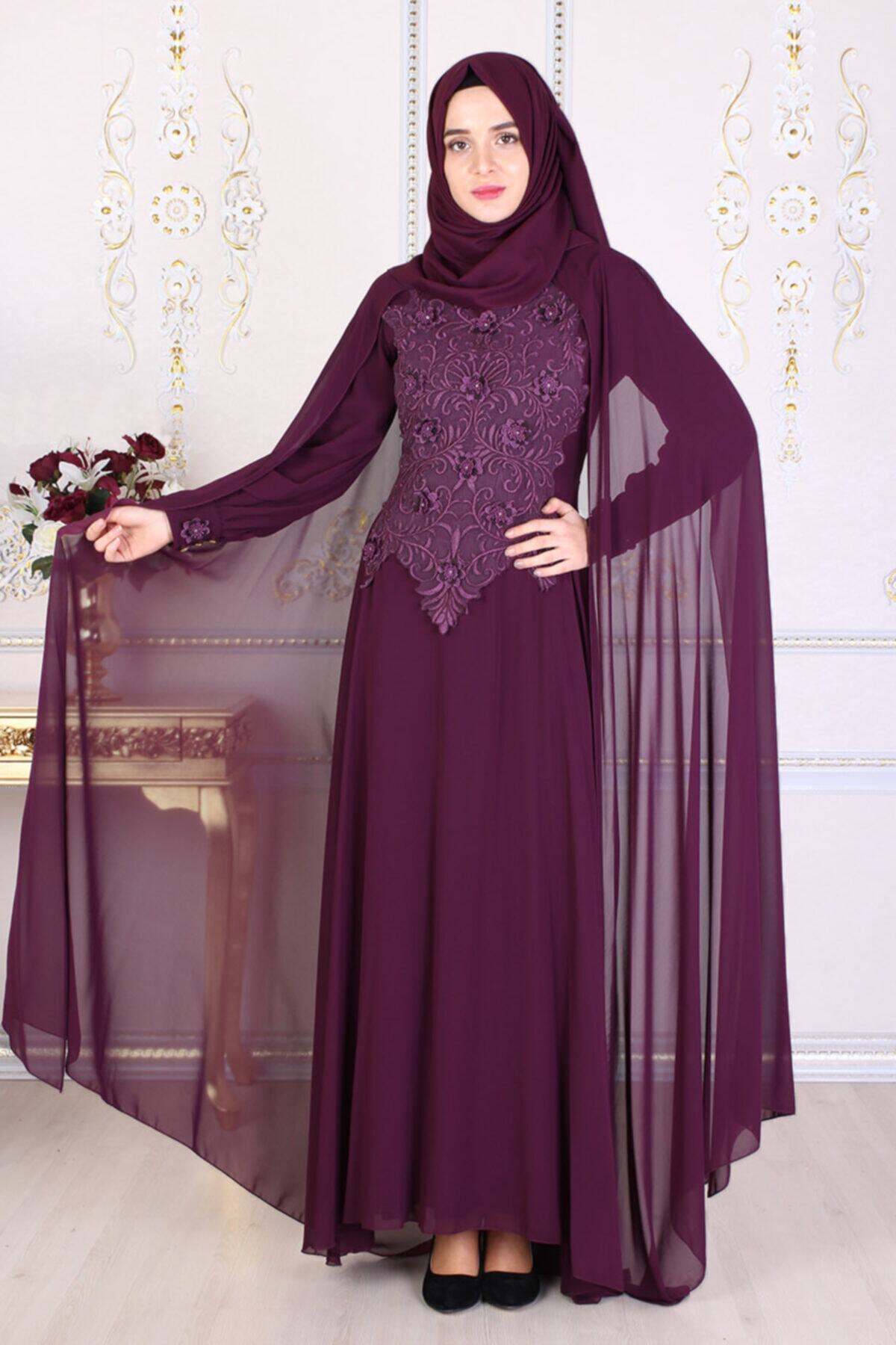 Feiza Collection Dantel Detaylı Pelerinli Mürdüm Tesettür Abiye Elbise