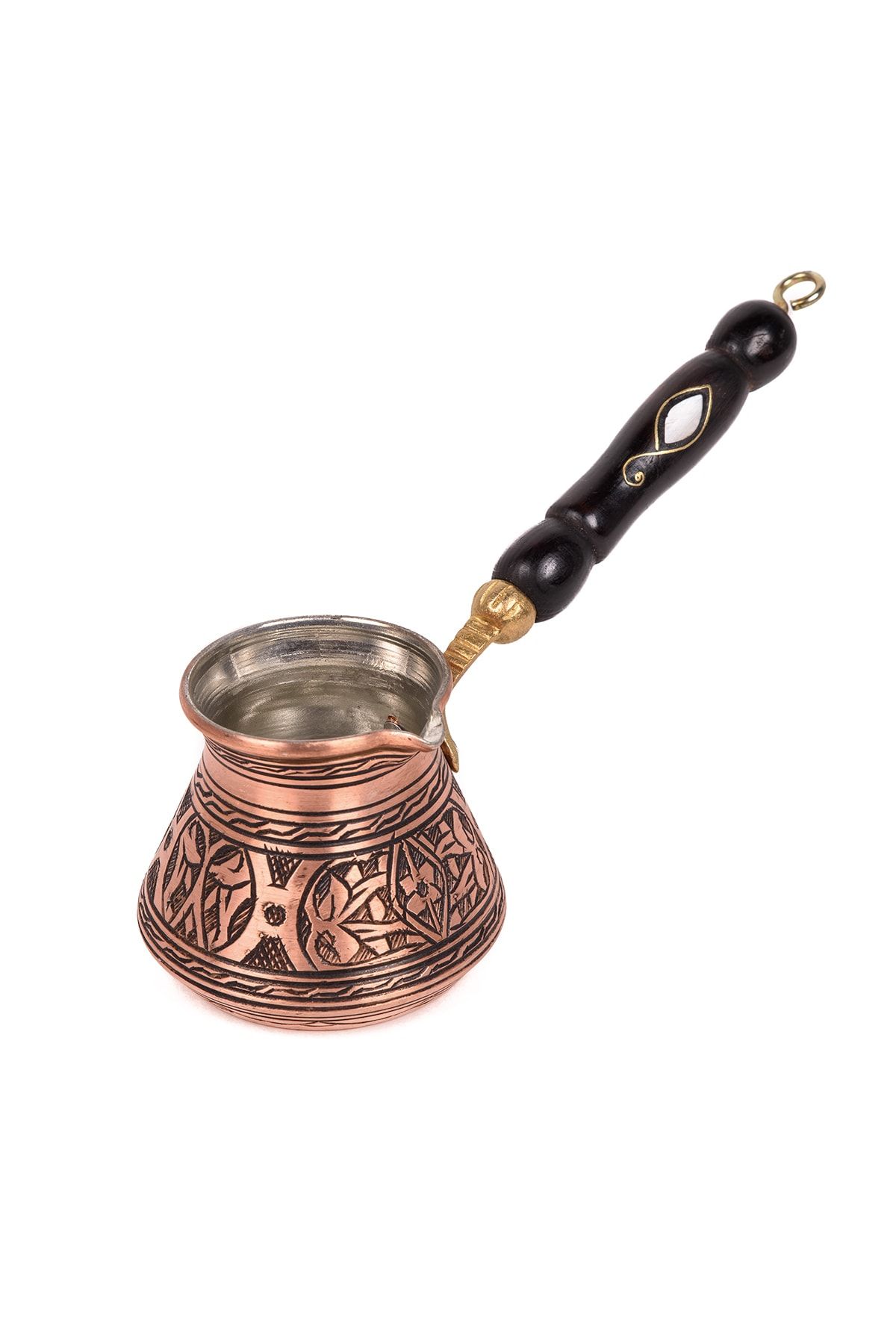 DMT COPPER HOME Dmt Gaziantep Bakırdan El Ağır Işlemeli Sedef Kulplu 2 Kişilik Kahve Cezvesi Kalay Kaplamadır.