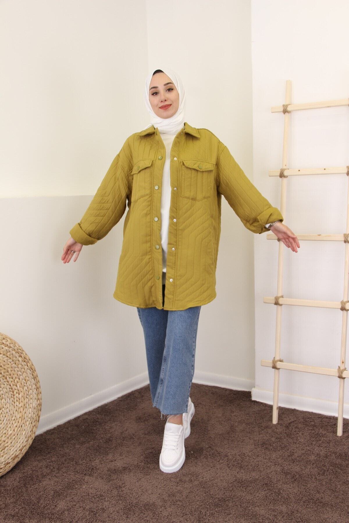 Esvet Kadın Hardal Tesettür Çift Cepli Şerit Detaylı Kapitone Ince Mont