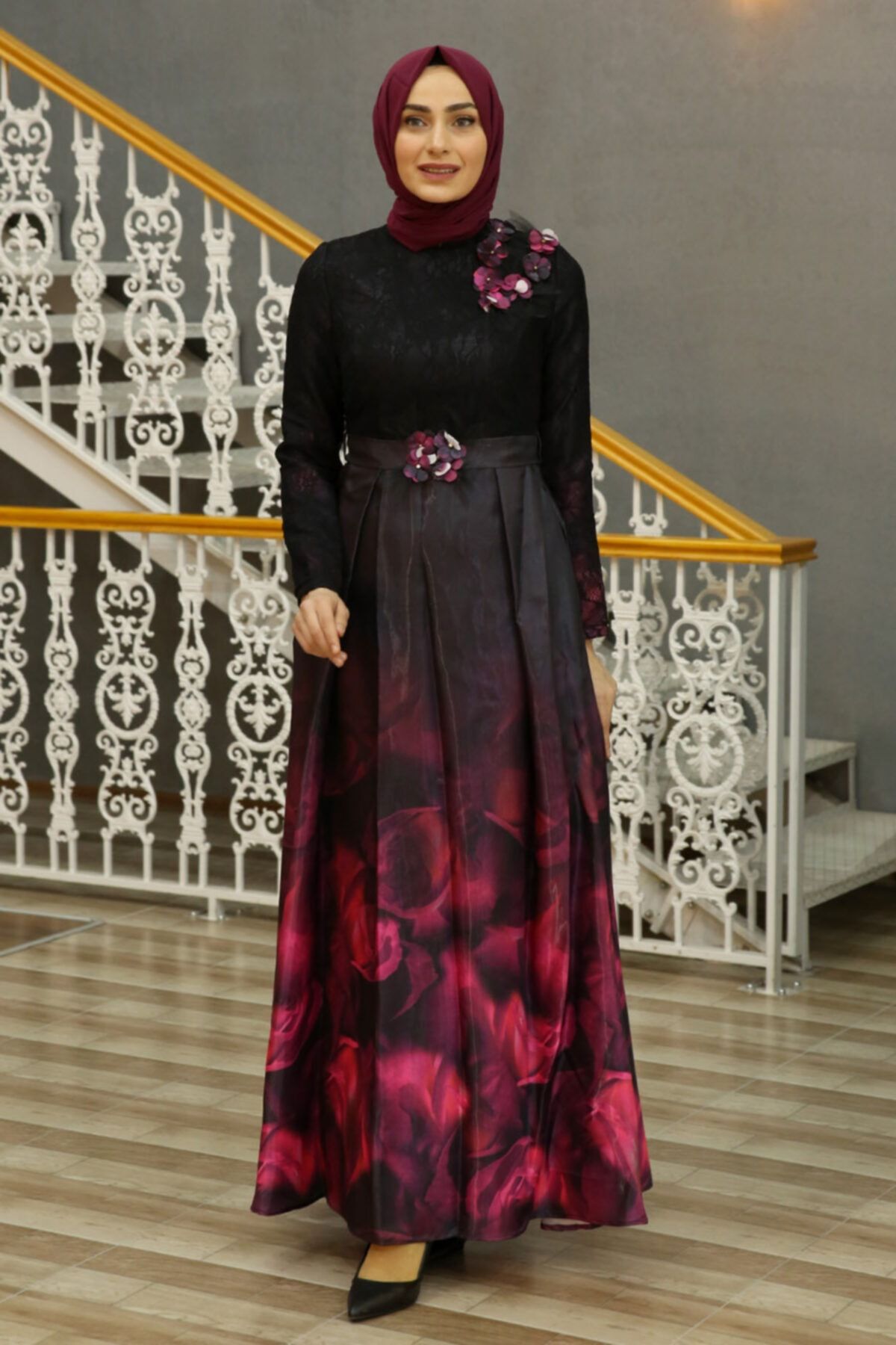 Feiza Collection Eteği Çiçekli Tesettür Abiye Elbise - Fuşya