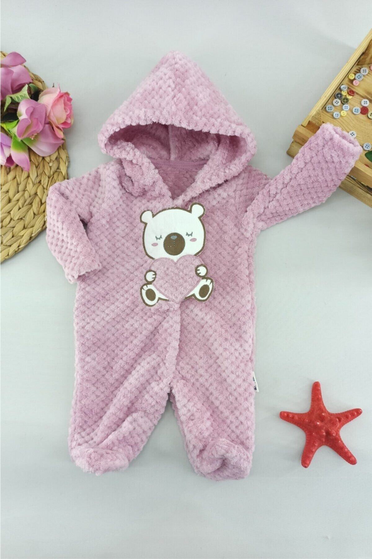 ALİSS BABY Lila Kalpli Ayı Desenli Welsoft Kışlık Bebek Tulum 3-6-9 Ay
