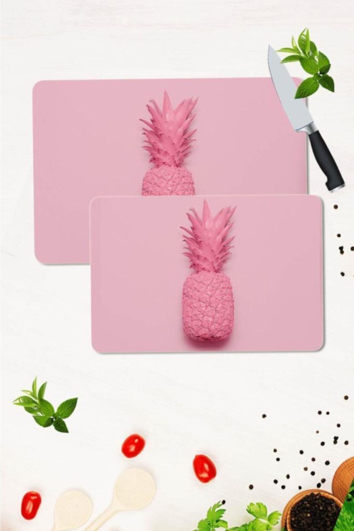 Saban 2' Li Takım 30x40 Cm Ve 20x30 Cm Pembe Ananas Desenli Cam Kesim Tablası Ve Ocak Koruma