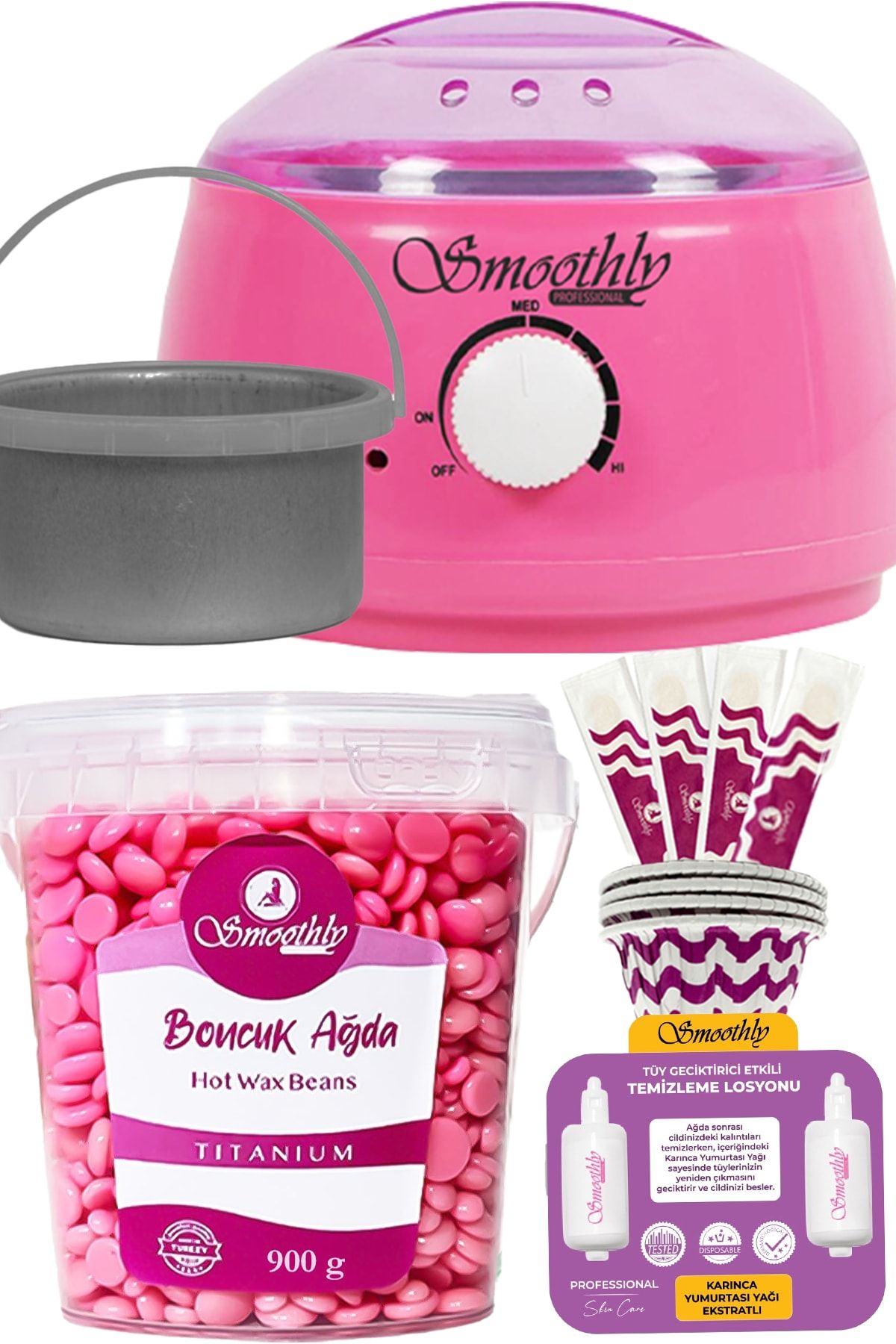 Smoothly 900 gr Pudralı Boncuk Ağda+Ağda Makinesi +Yedek Cezve +Eritme Kabı +Tüy Geciktirici Yağ + Spatula