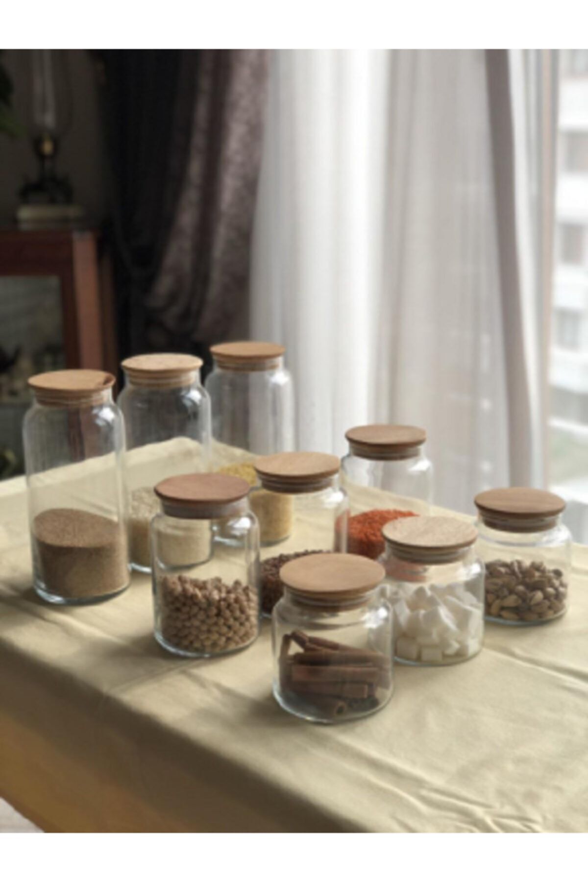Housess 9 Parça 3 Boy Bambu Vakum Kapaklı Cam Kavanoz Seti 1,3 Lt 0,8 Lt 0,5 Lt