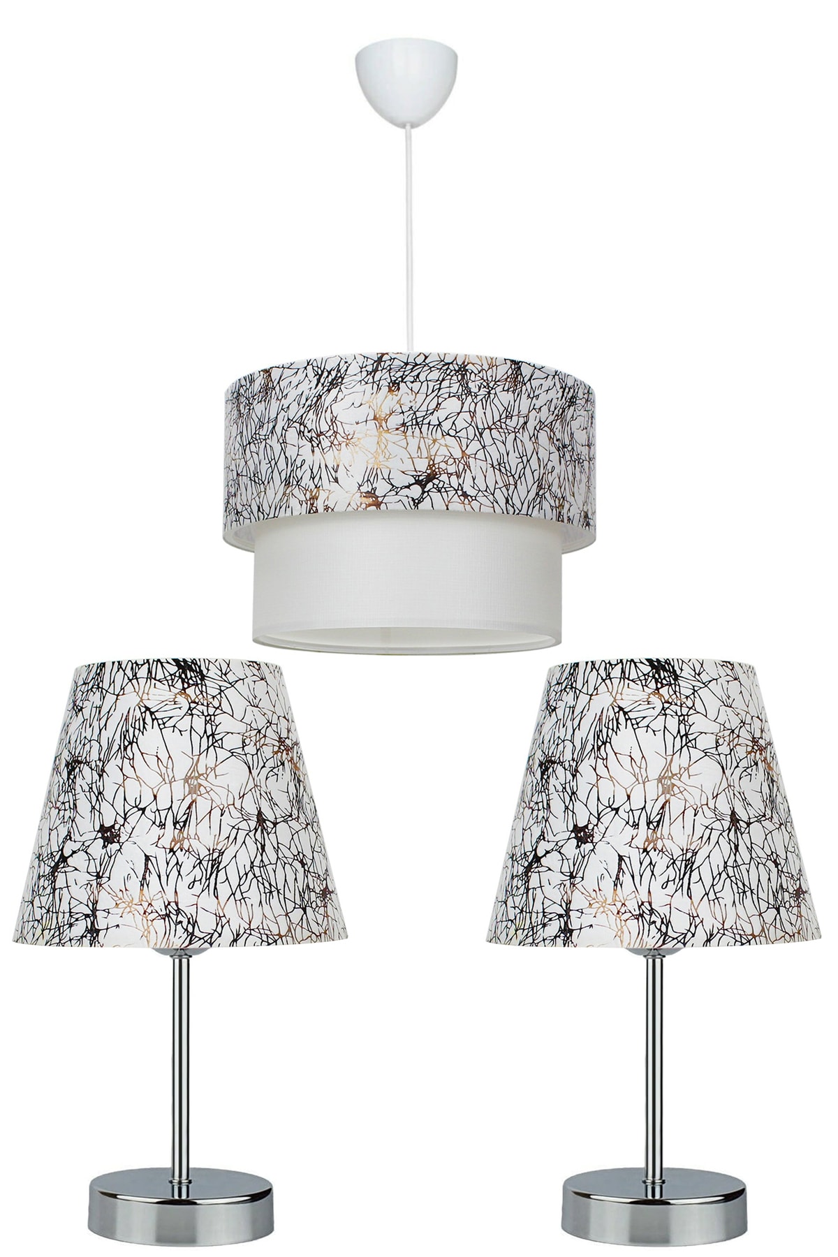 EvLight 3'lü Set Avize Ve Komodin Üstü Krom Abajur / Çizgili Beyaz