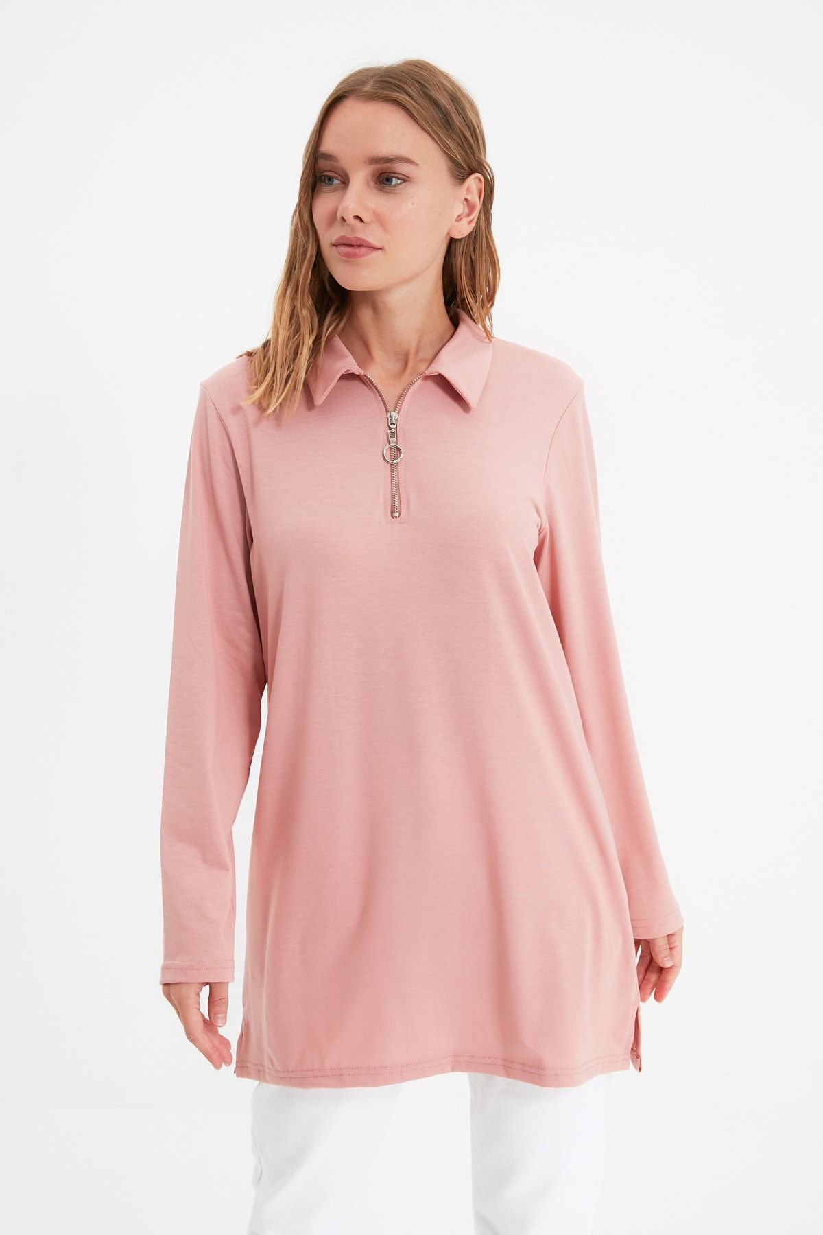 Trendyol Modest Pudra Gömlek Yaka Fermuarlı Örme Tunik TCTAW22UK0199