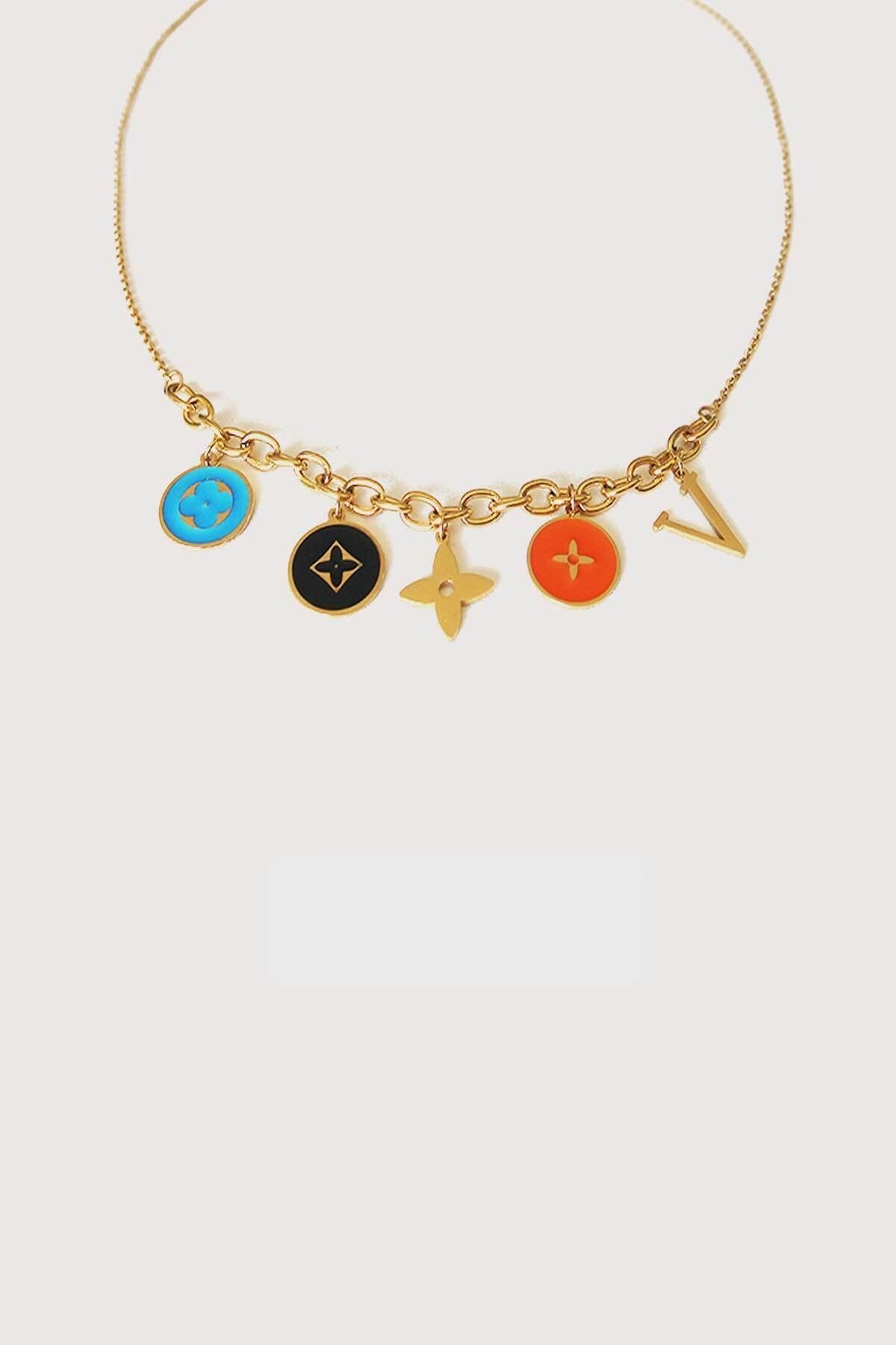 Jewel Lv Renkli Baskı Gold Altın Kaplama Kolye