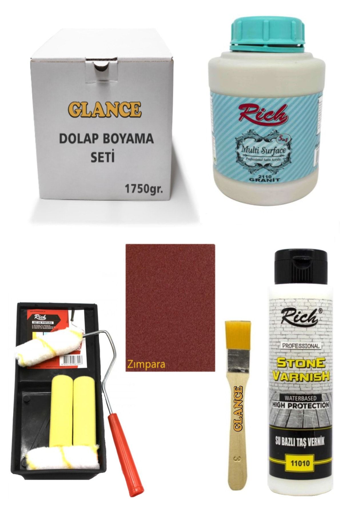 GLANCE Rich Multi Surface Granit 1750 Gr Dolap Boyama Fayans Boyama Mutfak Tezgahı Boyama Seti
