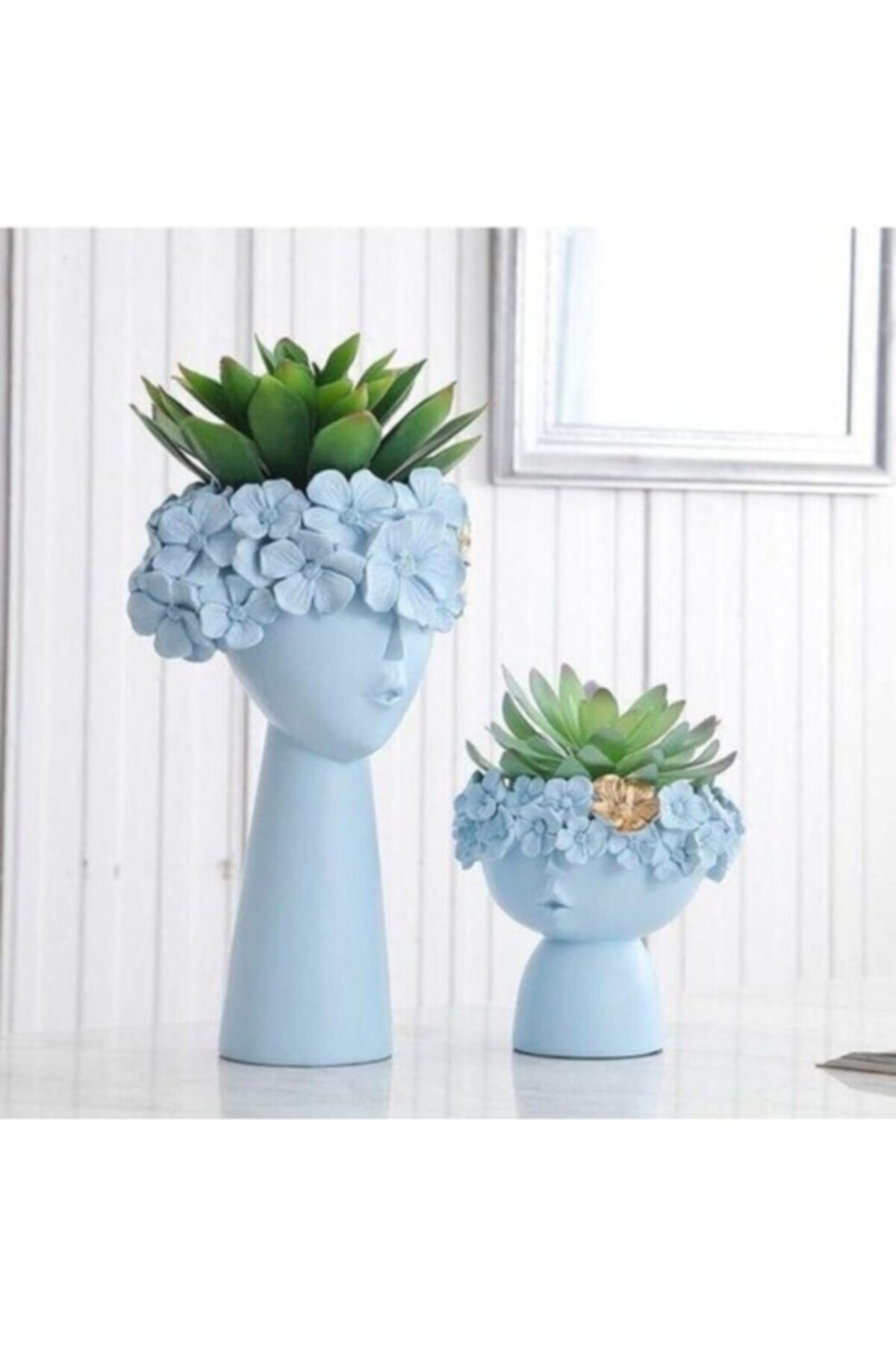 Sister Home Design Çiçekli Kız Saksı Büyük Ve Küçük Boy Pastel Mavi