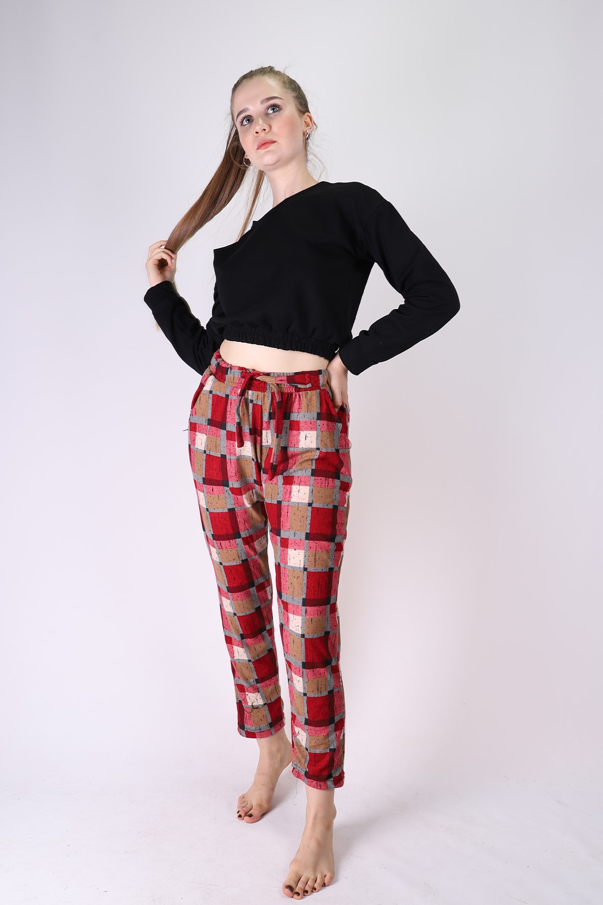 FEVİLLE Kadın Kırmızı Kare Desenli Cepli Süet Tek Pijama Altı