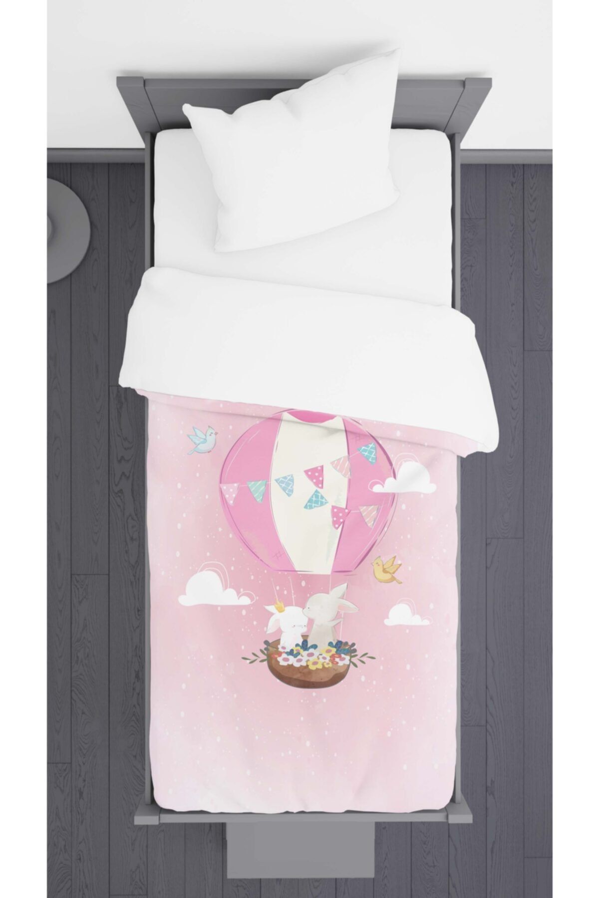 Ziu Kids Pembe Uçan Balon Tavşan Desenli Dekoratif Yatak Örtüsü 140x220