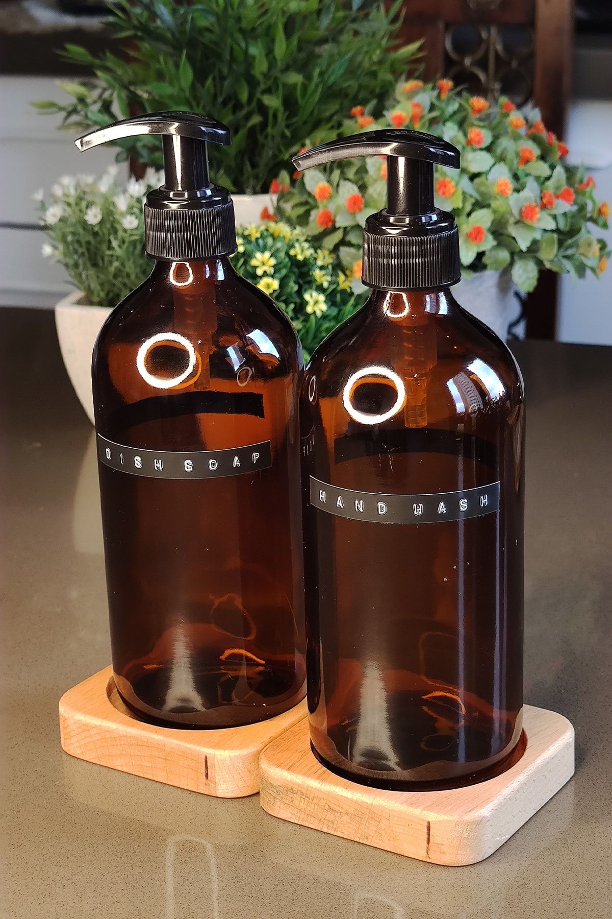 KHAKMA Lüks Ahşap Stantlı Amber Dısh Soap Hand Wash Set Tombul 500 Ml Sabunluk