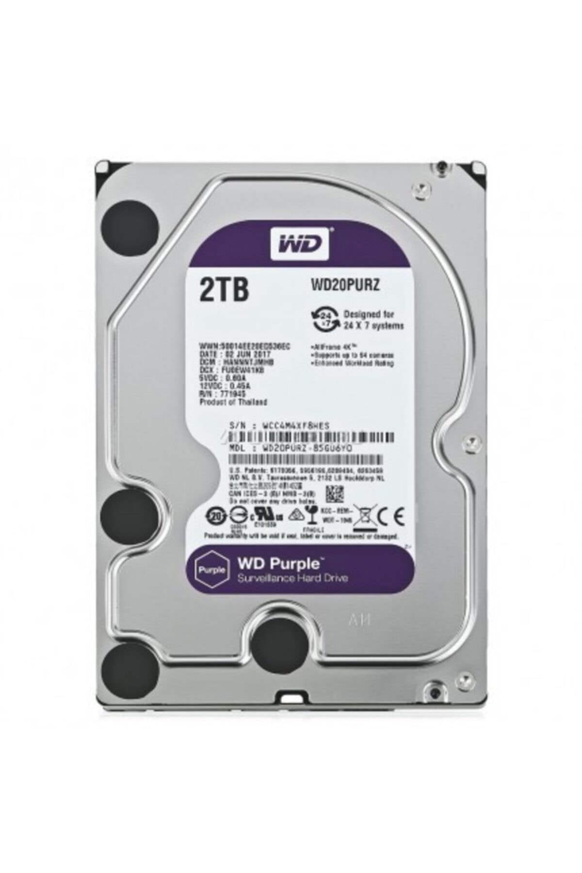 W.Digital Wd Purple Sata 3.0 2tb 64mb 3.5 7.24 Güvenlik Harddisk Wd20purz