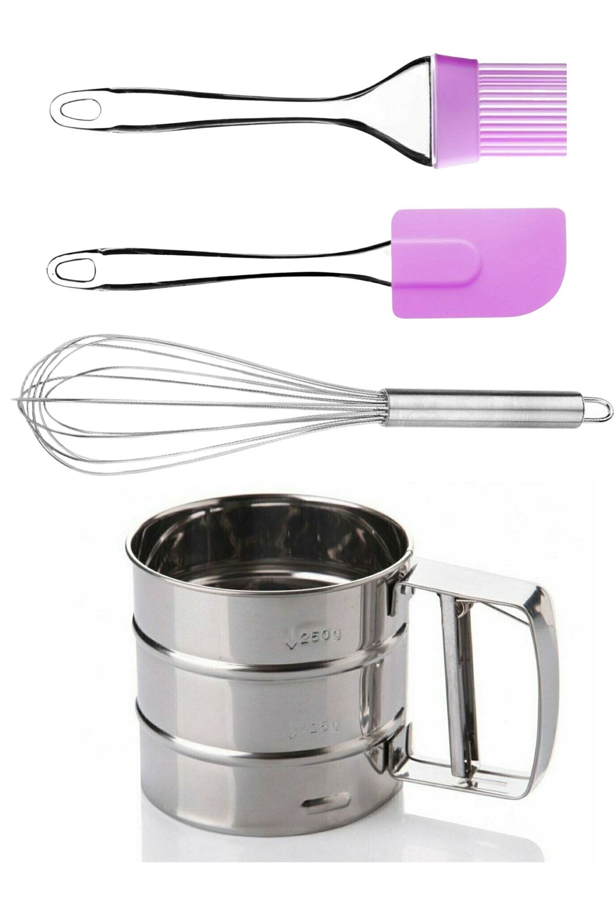 Homerest Un Eleği Basmalı Şeker Pudra Elek + Çelik Yumurta Çırpıcısı + Yumurta Fırçası + Silikon Spatula