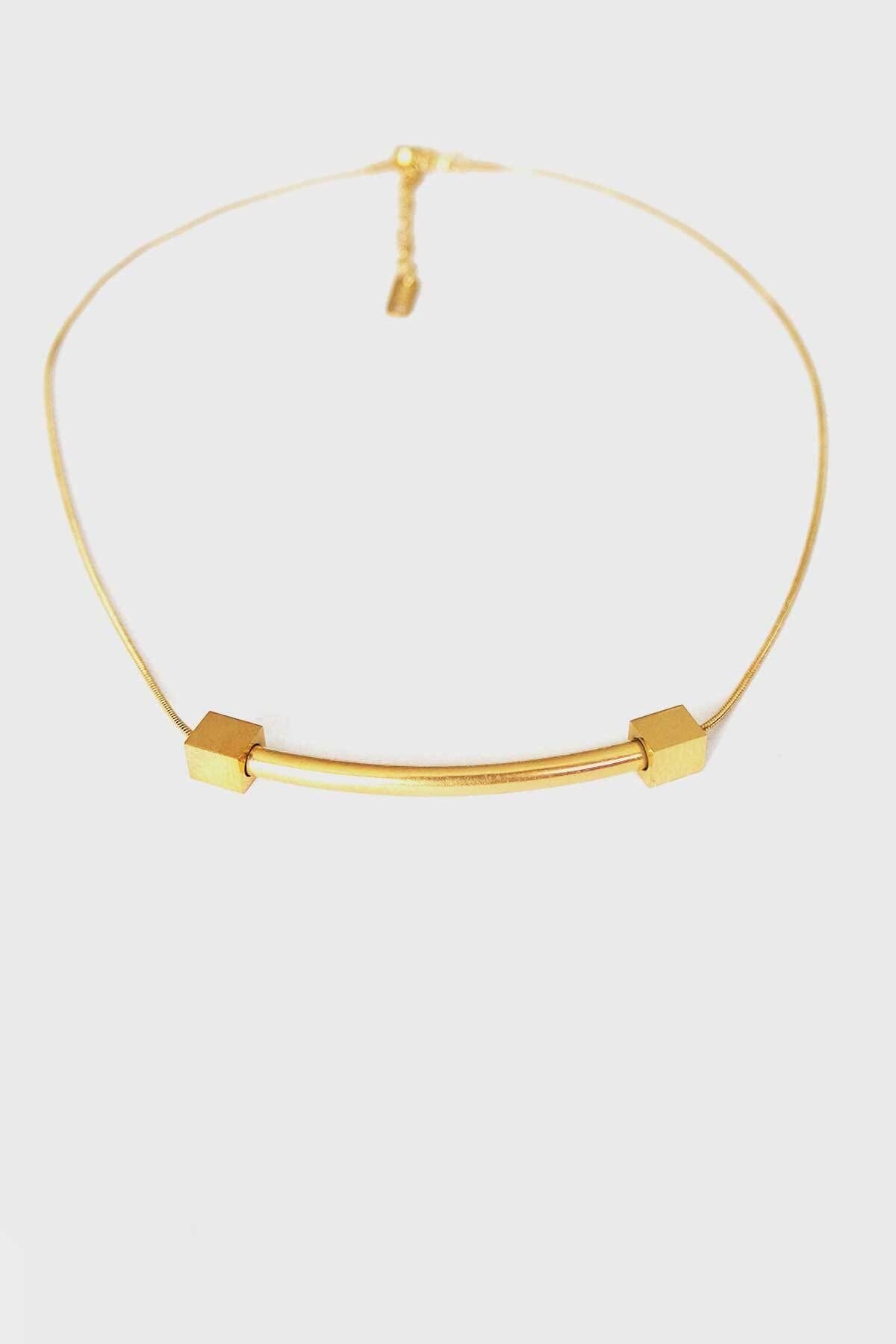 Jewel Küp Detaylı Halter Model Gold Altın Kaplama Kolye