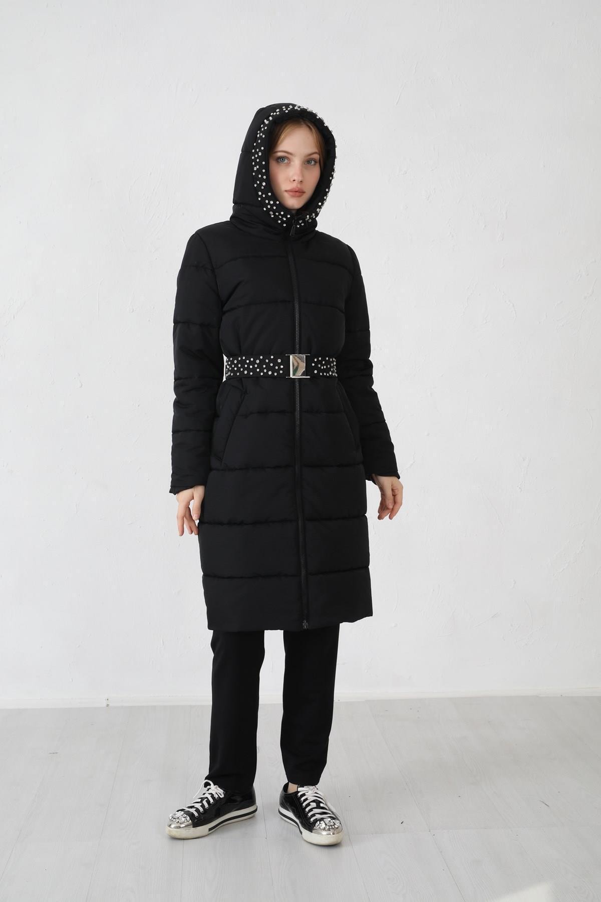 Moodbasic Taşlı Kemerli Kapüşonlu Mont