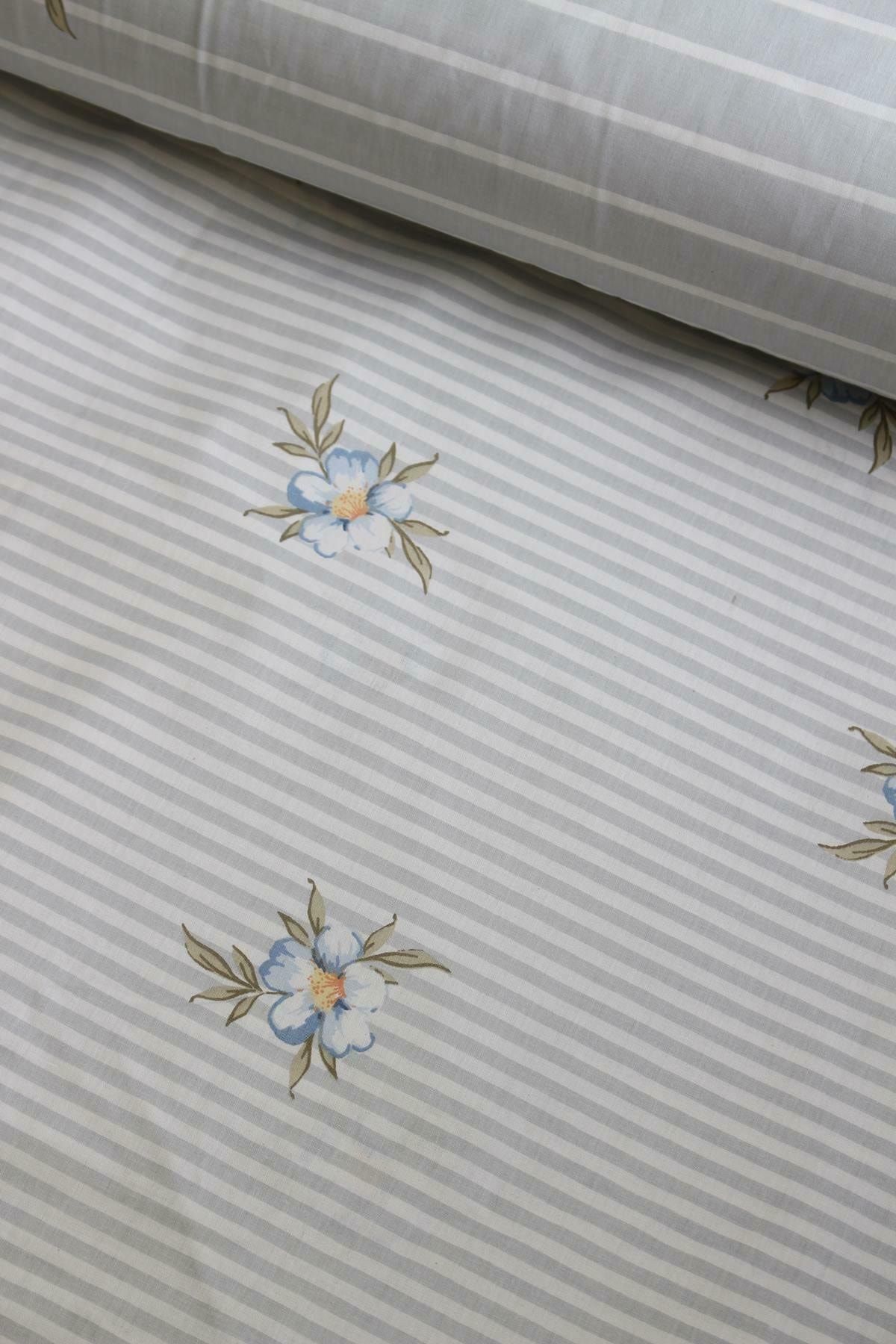 Wella Home Gri Çizgili Mavi Çiçek Nevresimlik Poplin Kumaş