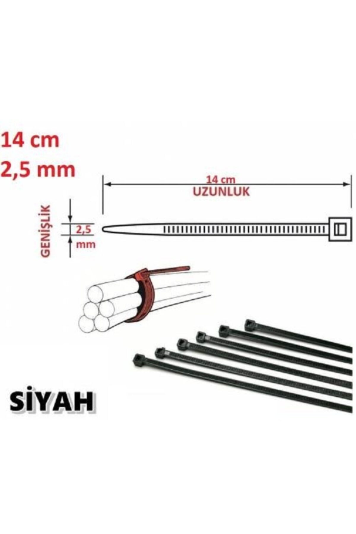 Pemsan (100 ADET) 14cm X 2,5mm Plastik Kelepçe ( Kablo Bağı) Siyah