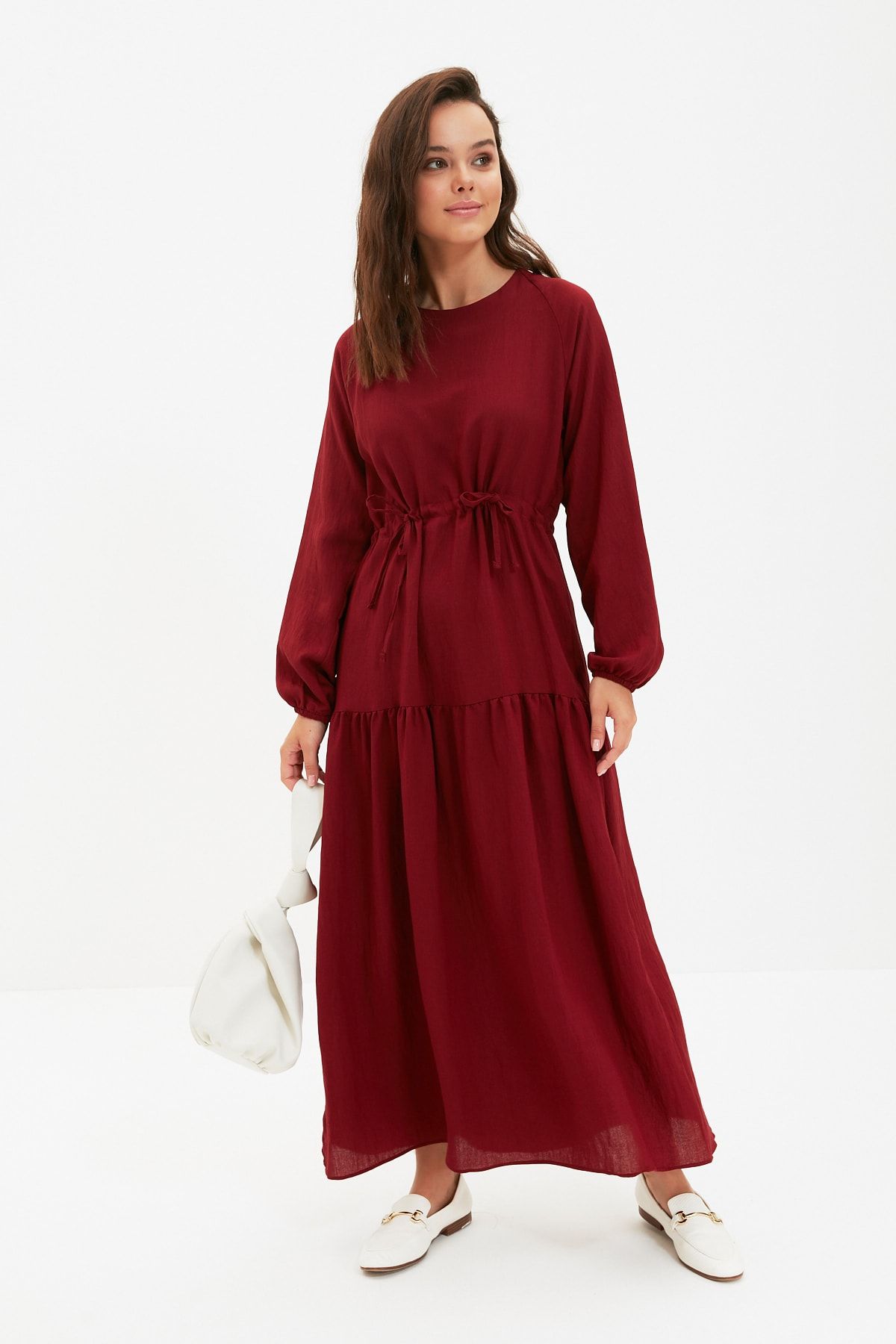 Trendyol Modest Bordo Bisiklet Yaka Bel Büzgülü Elbise TC+H23TAW22EB0155