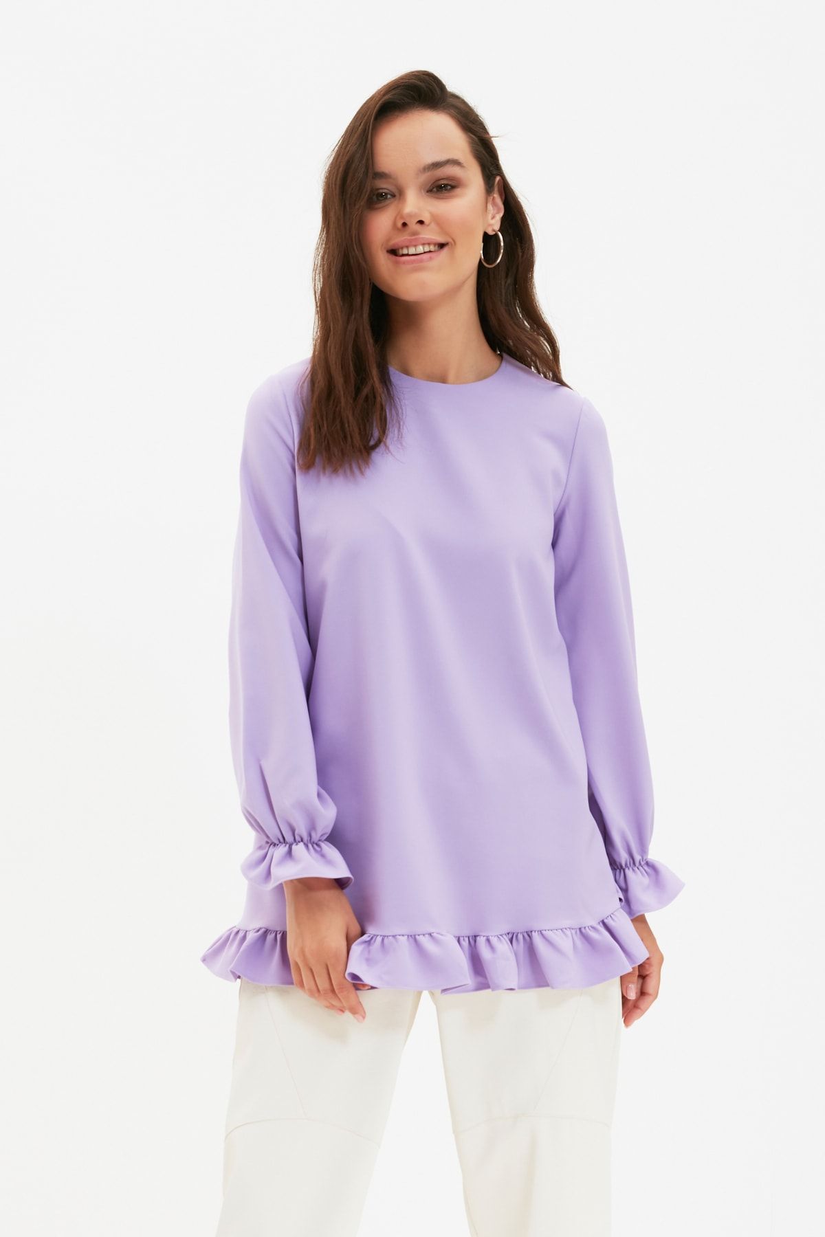 Trendyol Modest Lila Bisiklet Yaka Kol ve Etek Ucu Fırfırlı Tunik TCTAW22UK0190