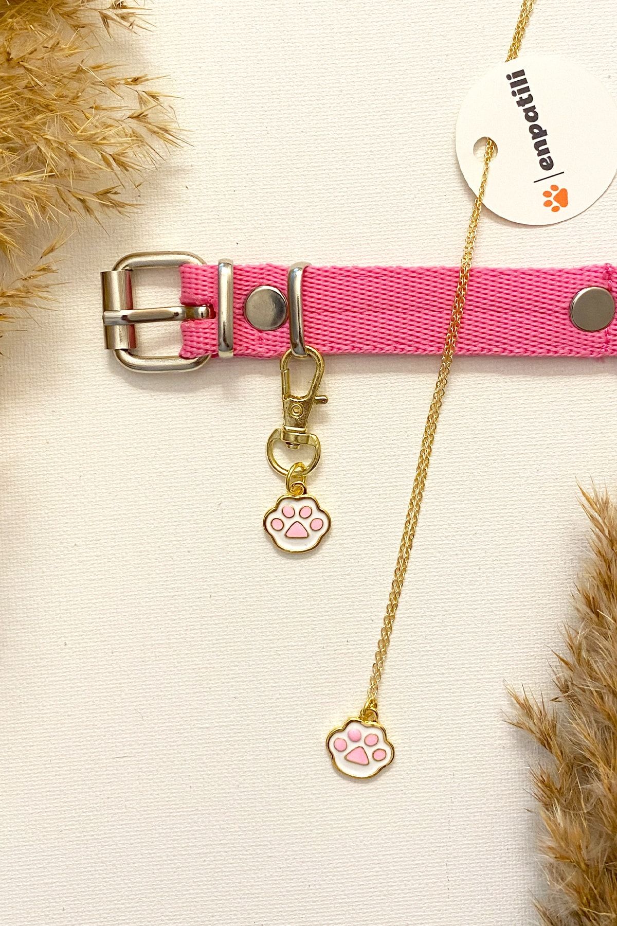 Enpatili Köpek Tasması Aksesuarı Pembe Patili Kolye Seti Gold