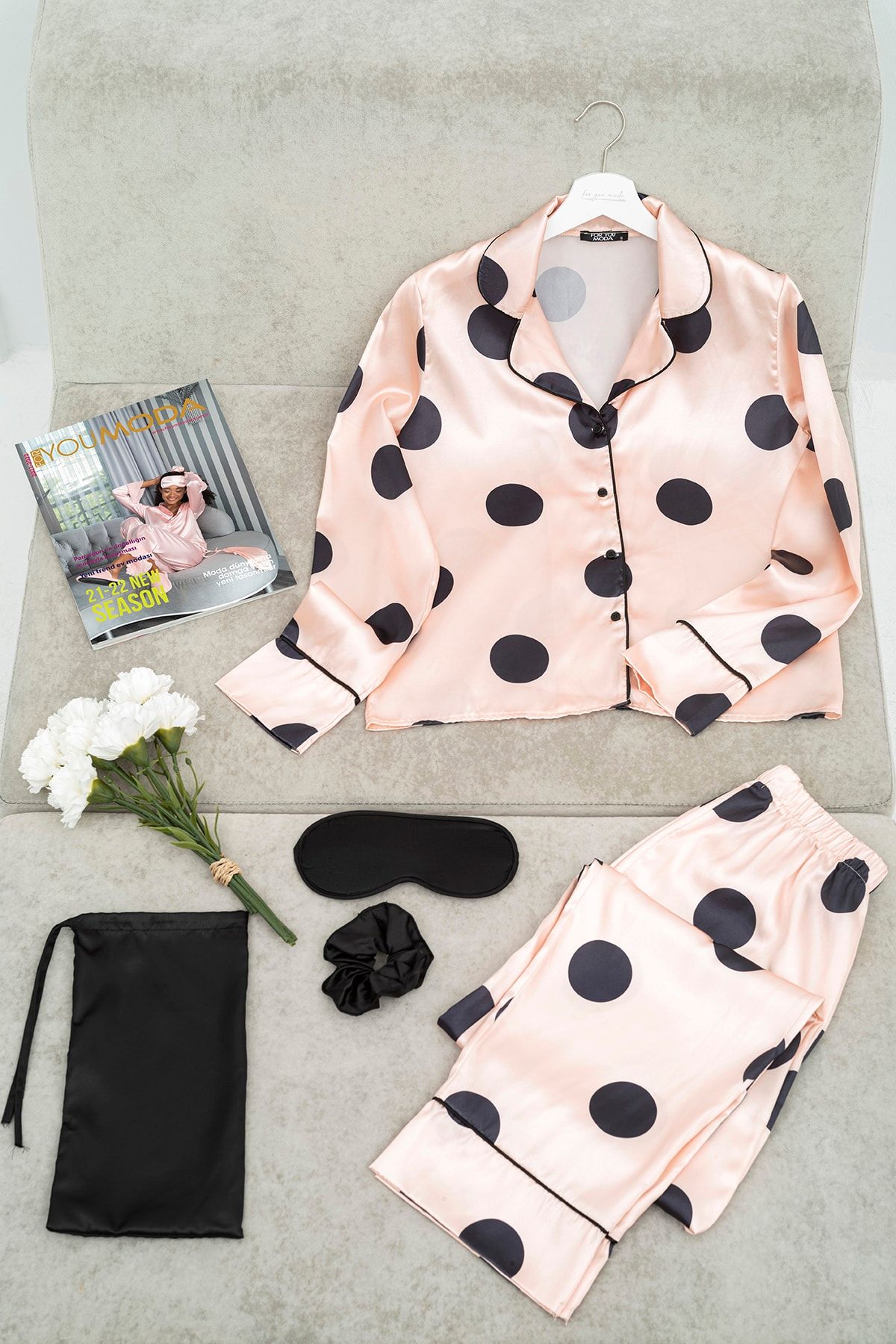 FOR YOU MODA Kadın Saten 5 Li Büyük Puantiyeli Pijama Rosse Gold